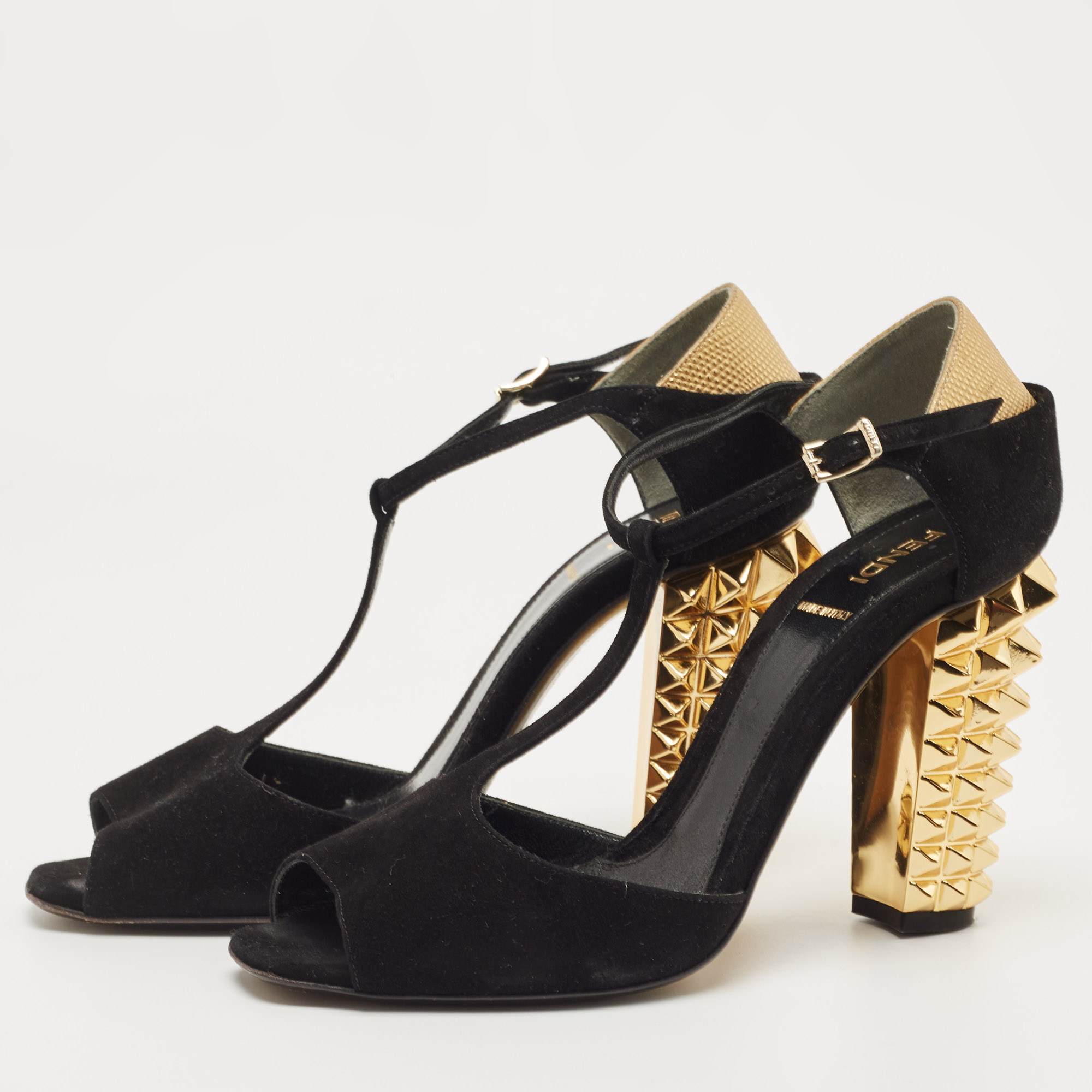 Fendi Black/Gold Suede And Embossed Leather Studded Heel T-Strap Sandals Size 38