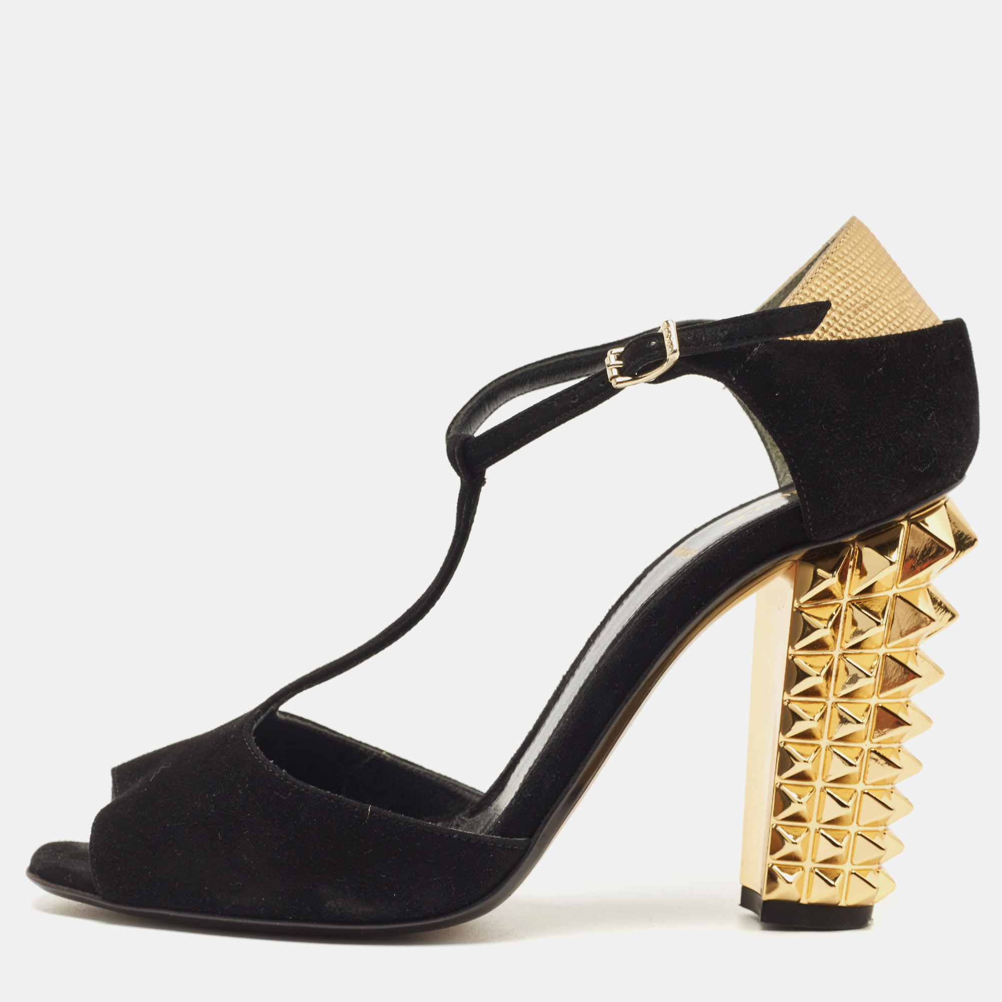 Fendi black/gold suede and embossed leather studded heel t-strap sandals size 38