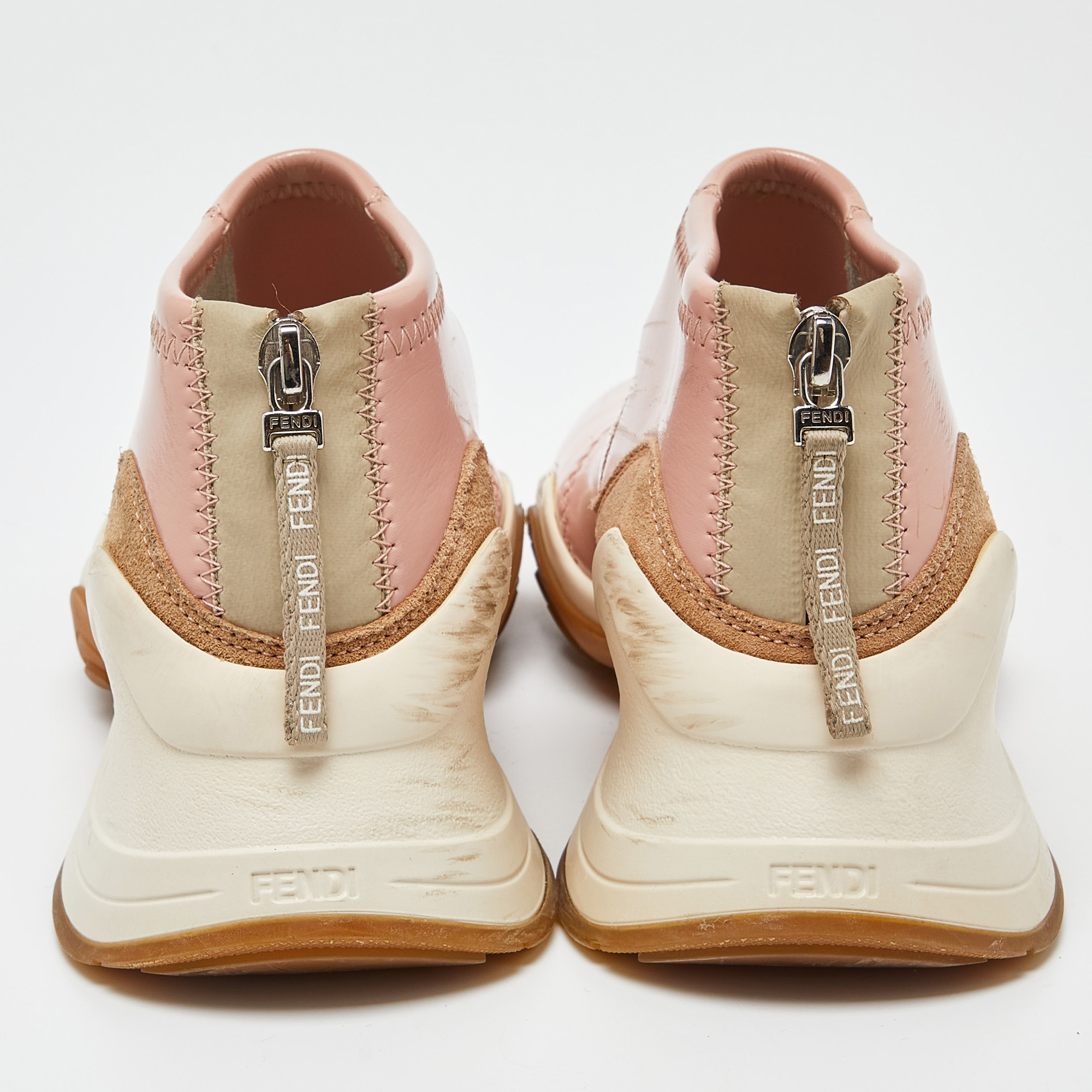 Fendi Pink Leather And Suede Zip Detail FFluid Slip On Sneakers Size 37.5