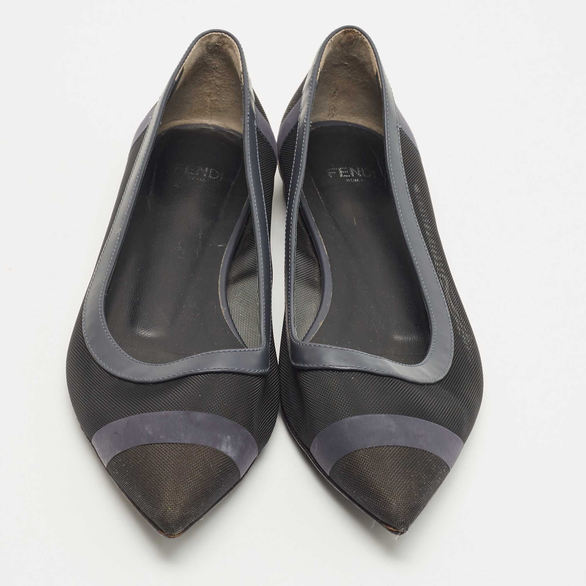 Fendi Black/Blue Mesh And Leather Colibri Ballet Flats Size 36.5