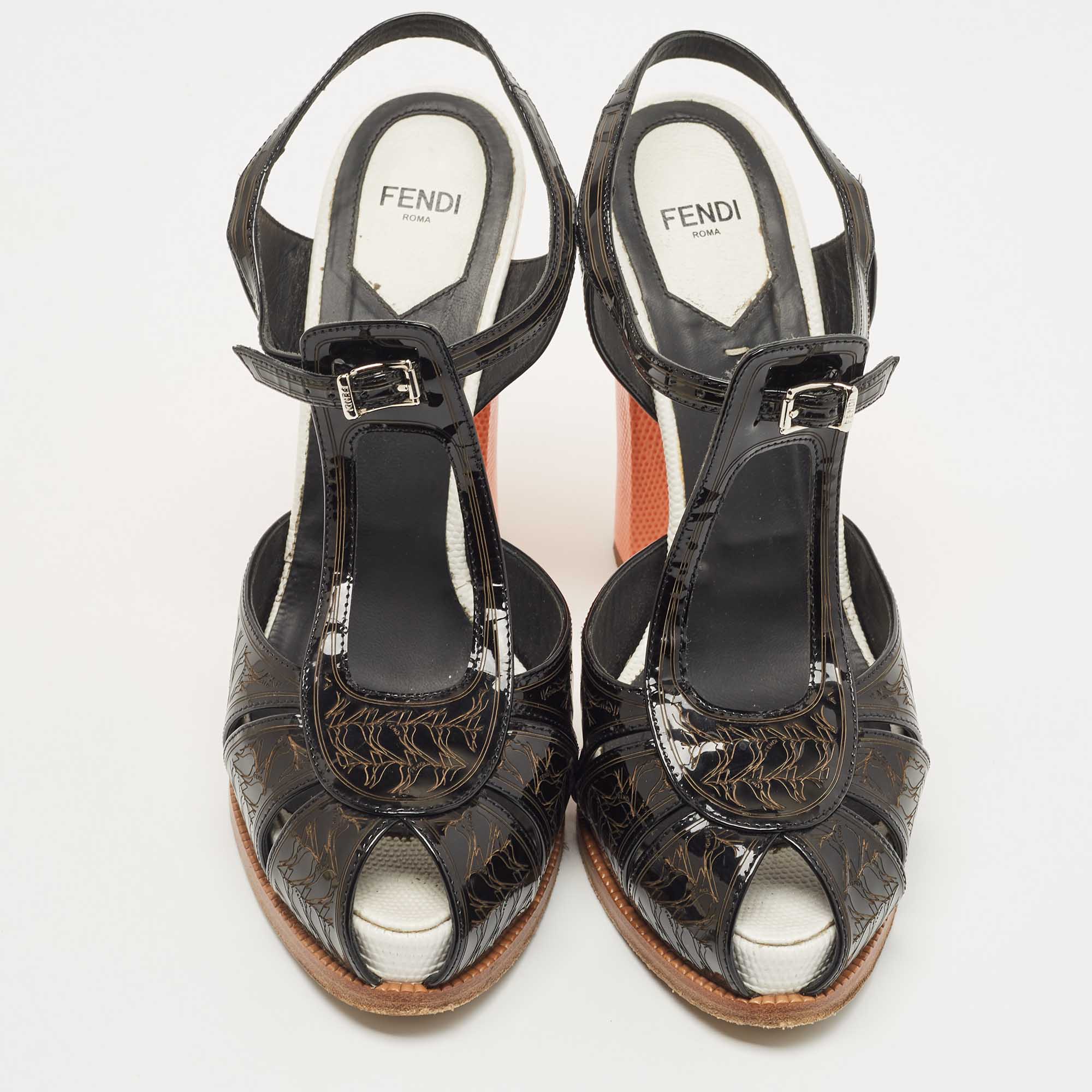 Fendi Black/Orange Patent Ankle Strap Sandals Size 40