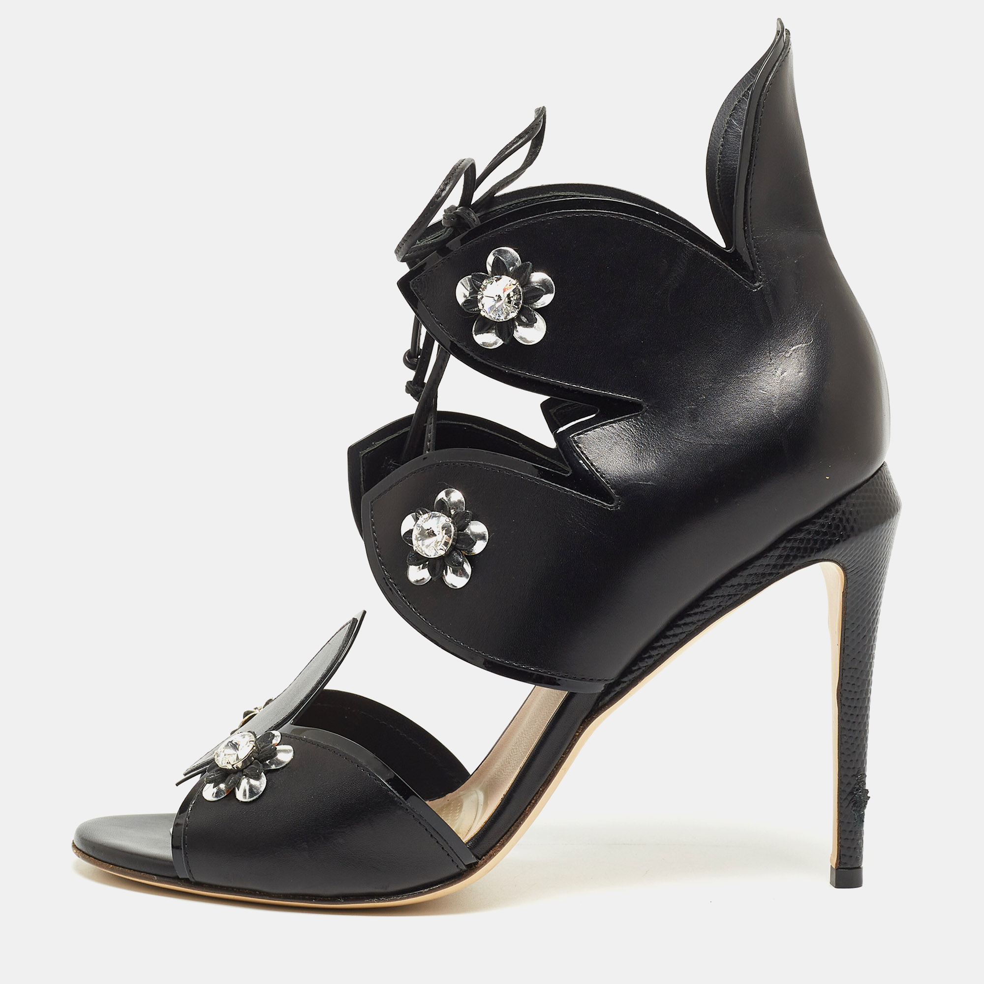 Fendi black leather lace up crystal embellished sandals size 40