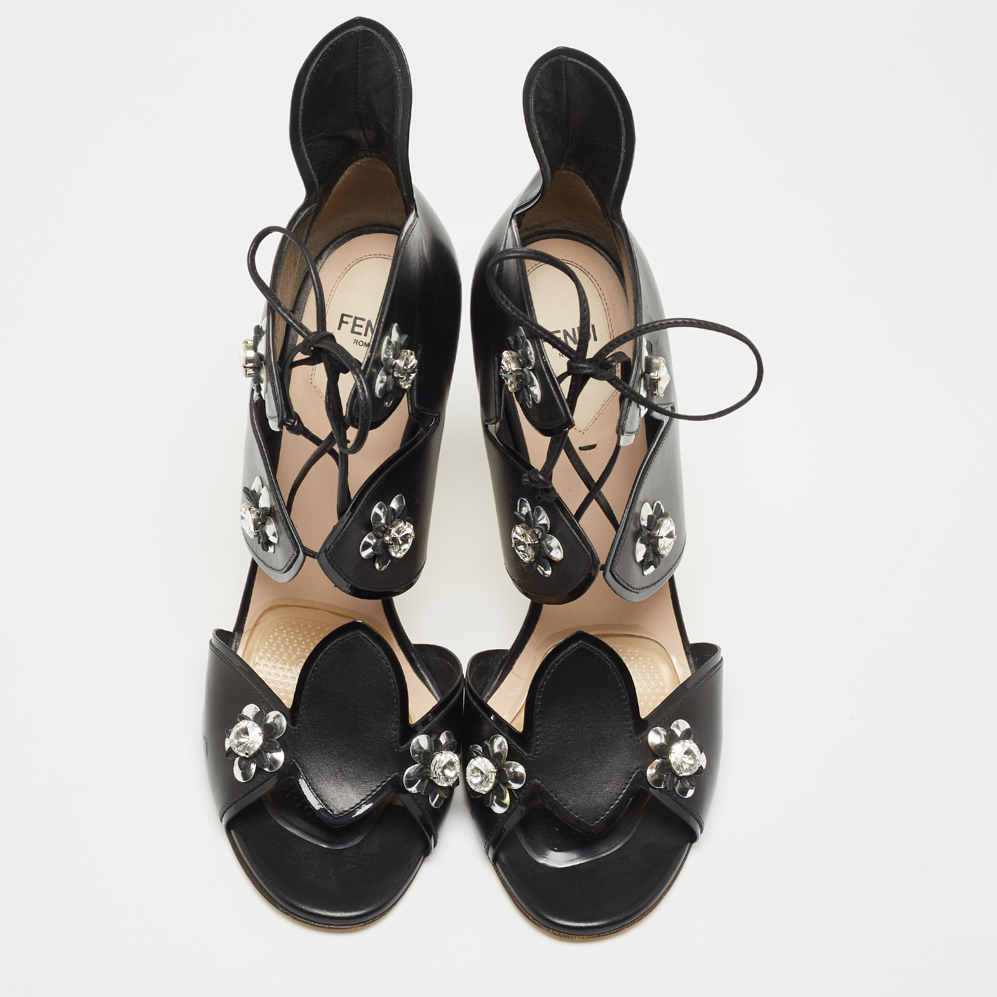 Fendi Black Leather Lace Up Crystal Embellished Sandals Size 40