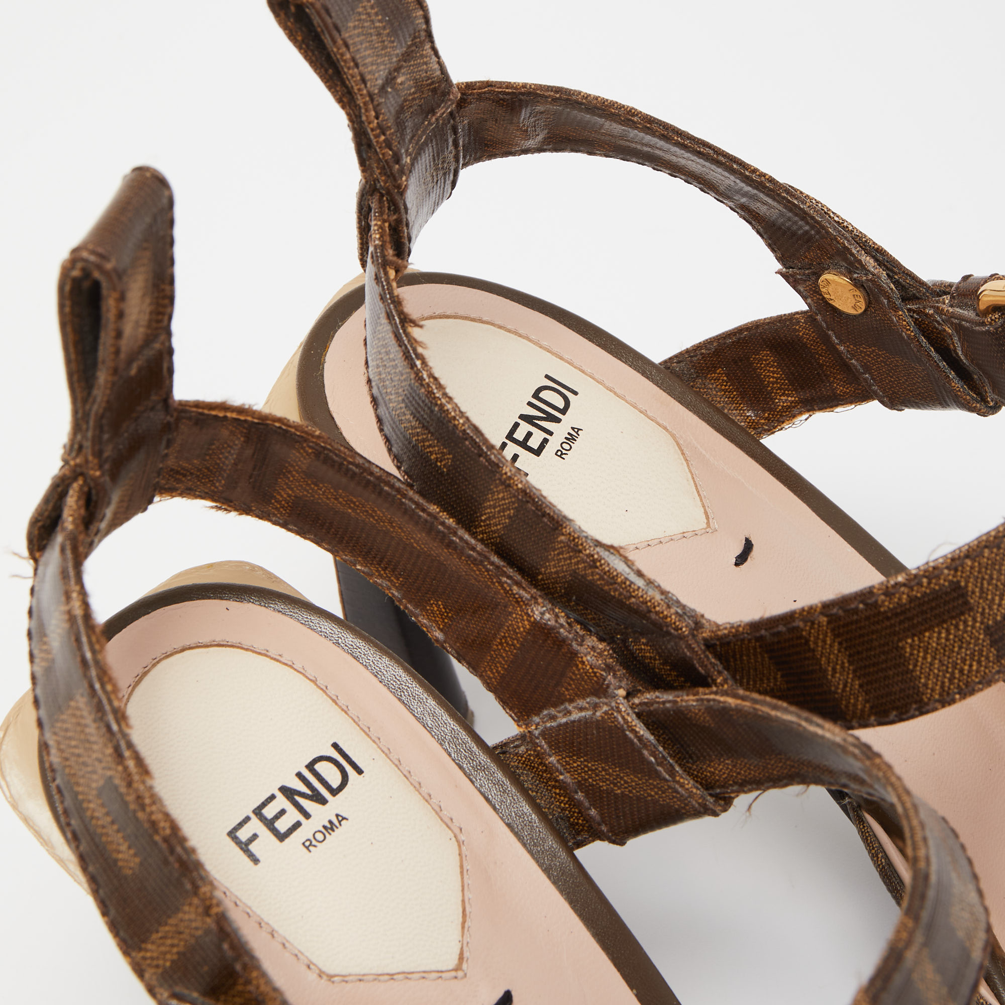 Fendi Brown Zucca Coated Canvas Ankle Strap Sandals Size 39.5