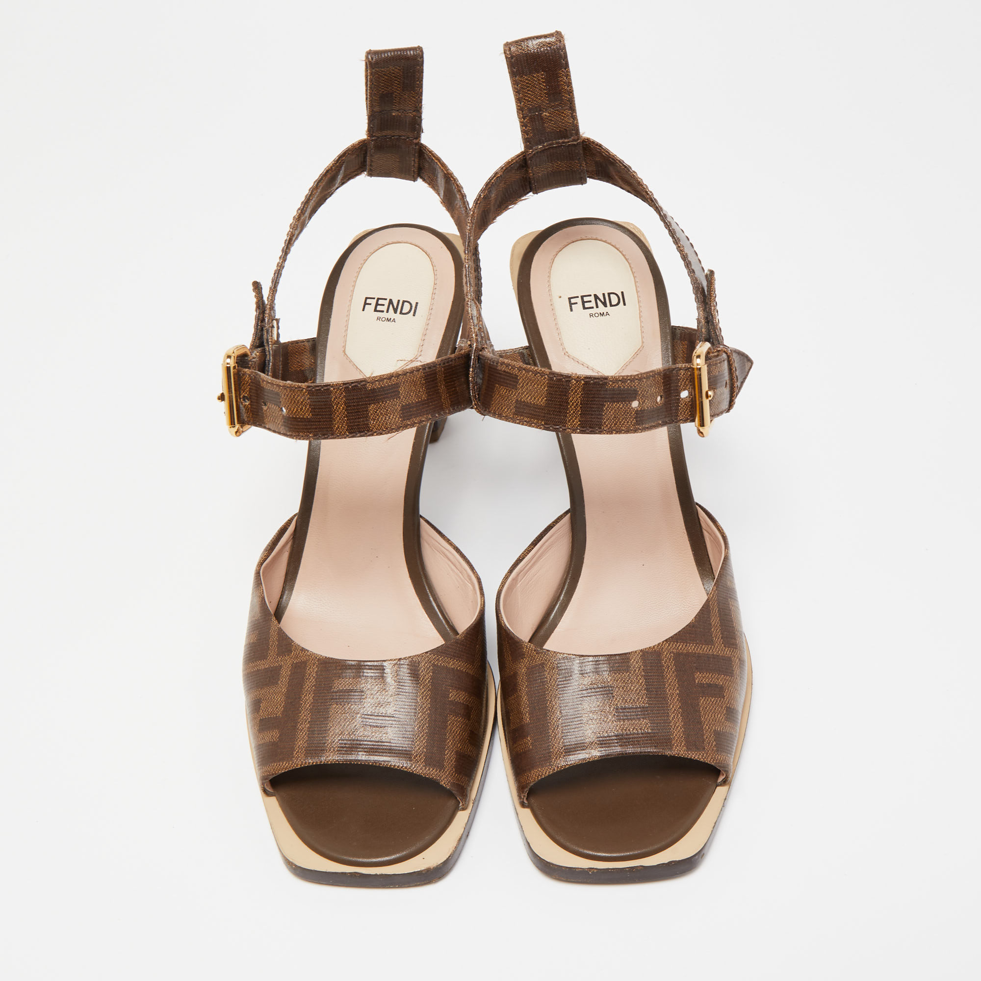 Fendi Brown Zucca Coated Canvas Ankle Strap Sandals Size 39.5