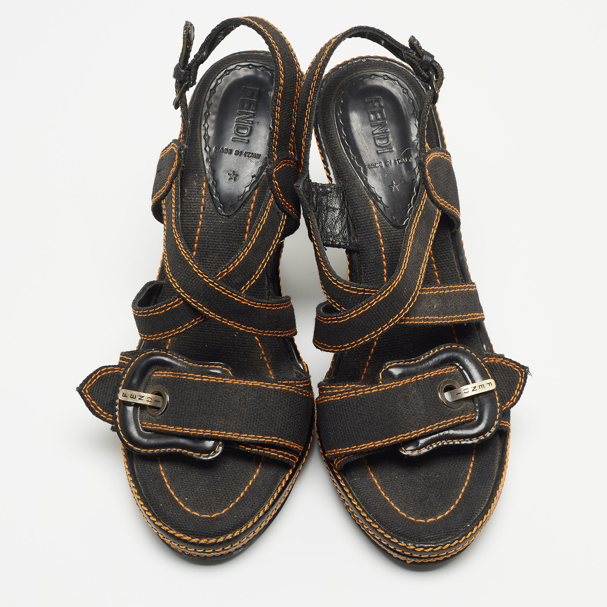 Fendi Black Canvas B Buckle Platform Wedge Sandals Size 39.5
