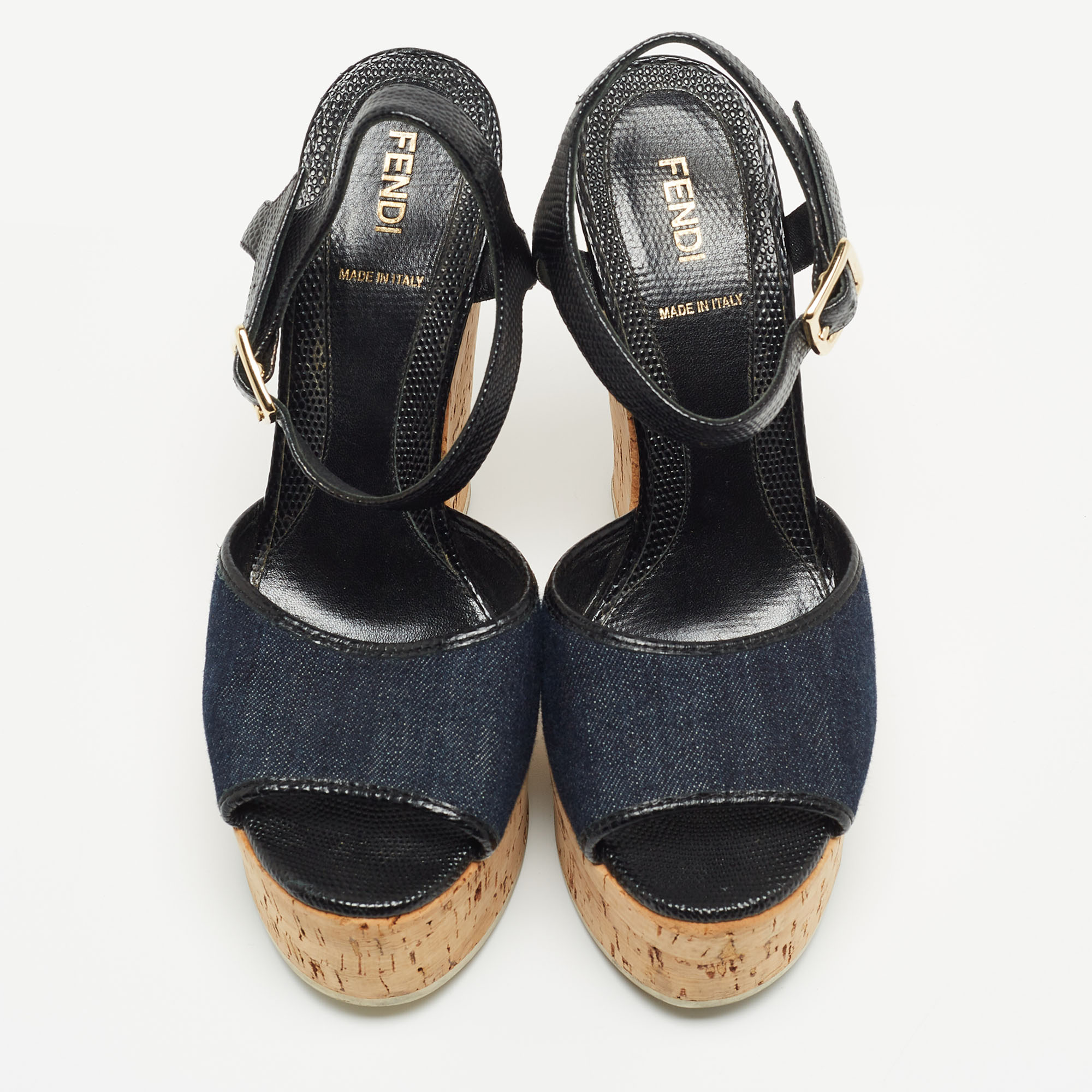 Fendi Navy Blue/Black Denim And Lizard Embossed Leather Cork Wedge Platform Ankle Strap Sandals Size 38