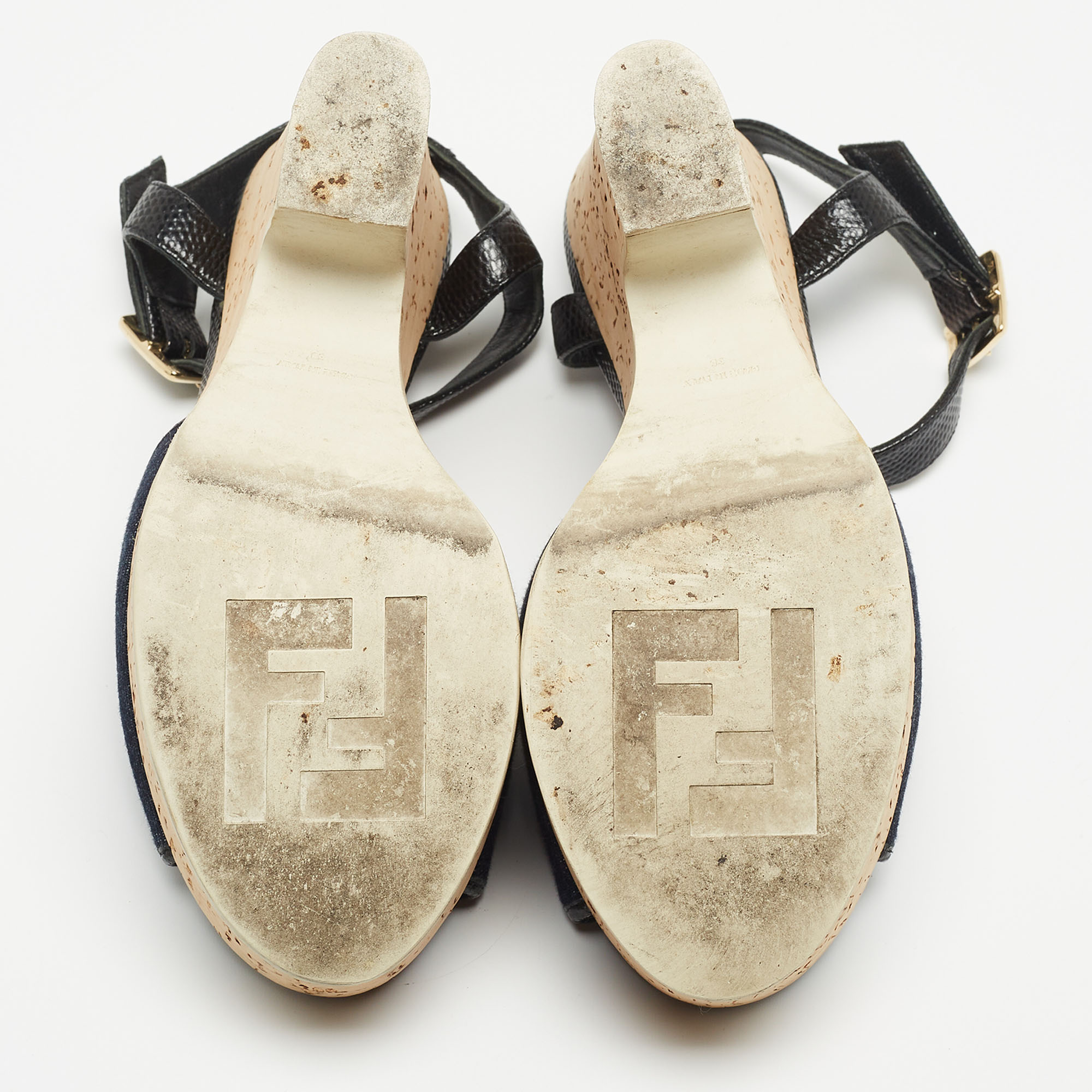 Fendi Navy Blue/Black Denim And Lizard Embossed Leather Cork Wedge Platform Ankle Strap Sandals Size 38