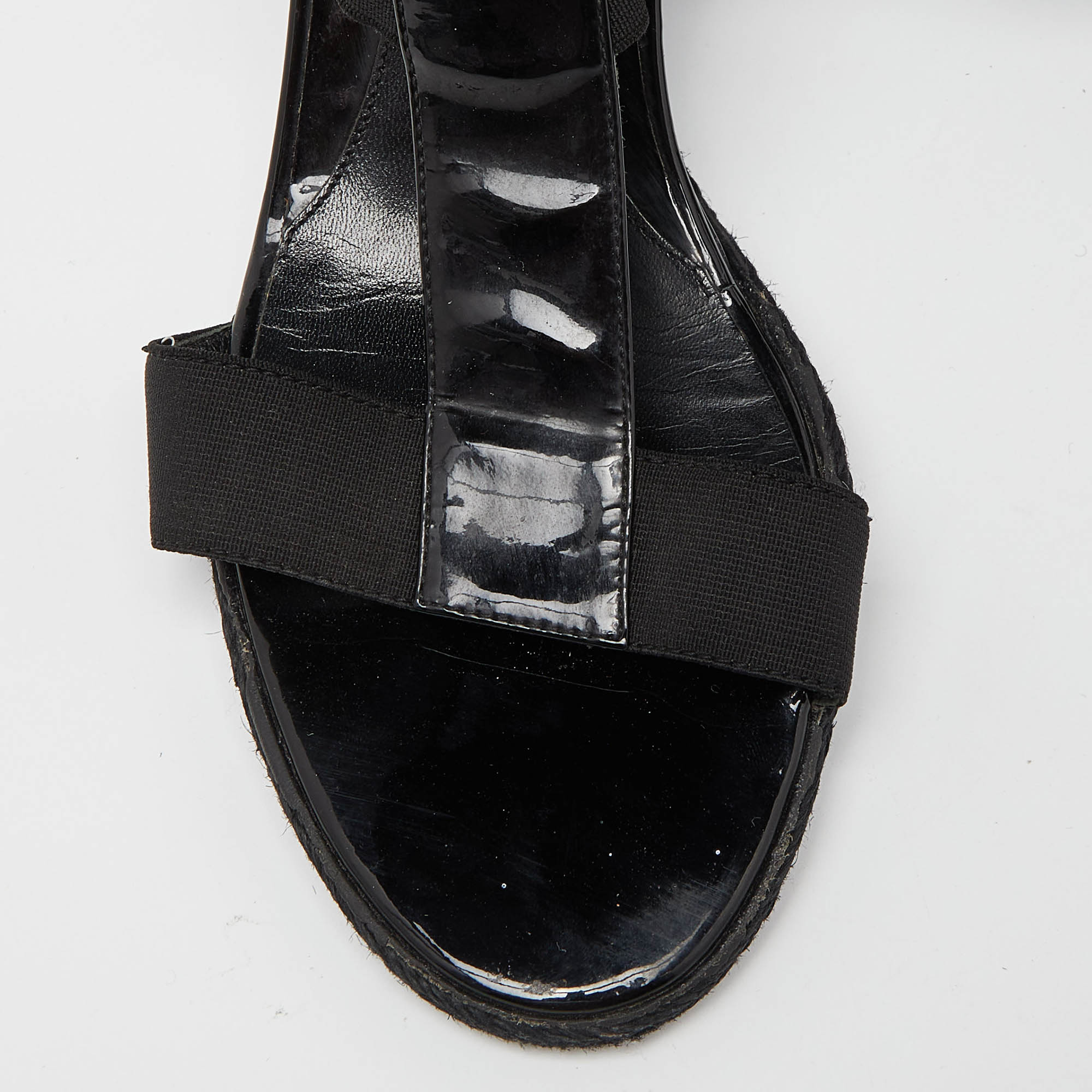 Fendi Black Patent Leather Ankle Strap Wedge Sandals Size 38