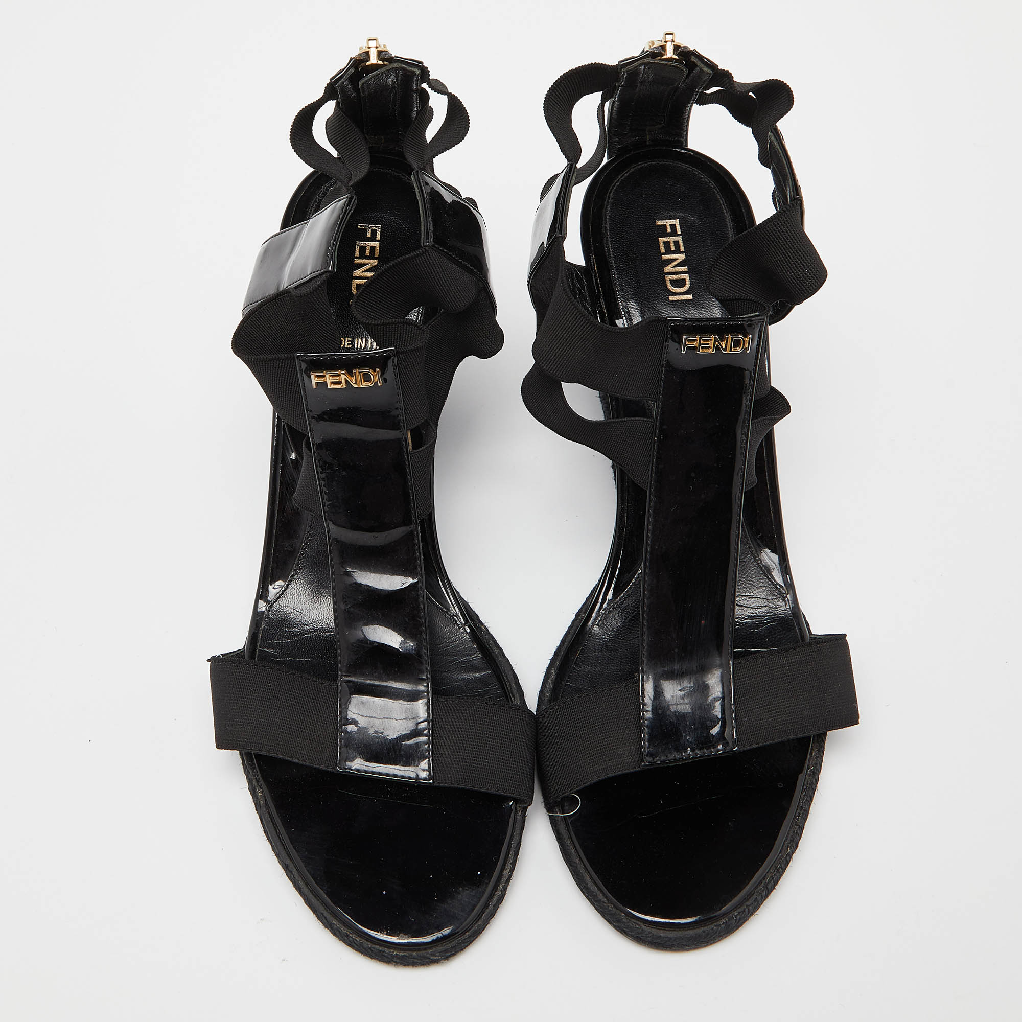 Fendi Black Patent Leather Ankle Strap Wedge Sandals Size 38