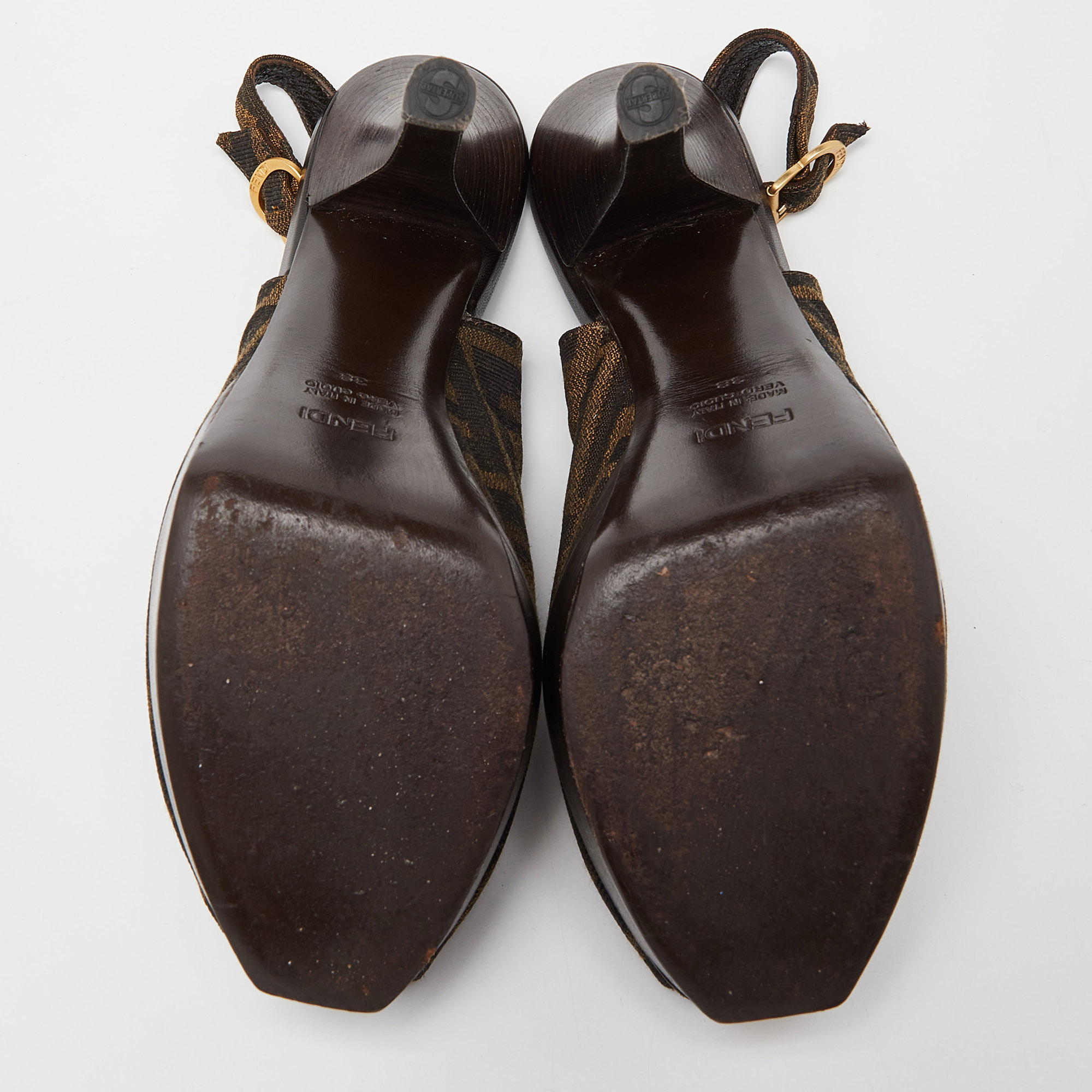 Fendi Brown Zucca Canvas Fendista Peep Toe Slingback Pumps Size 38