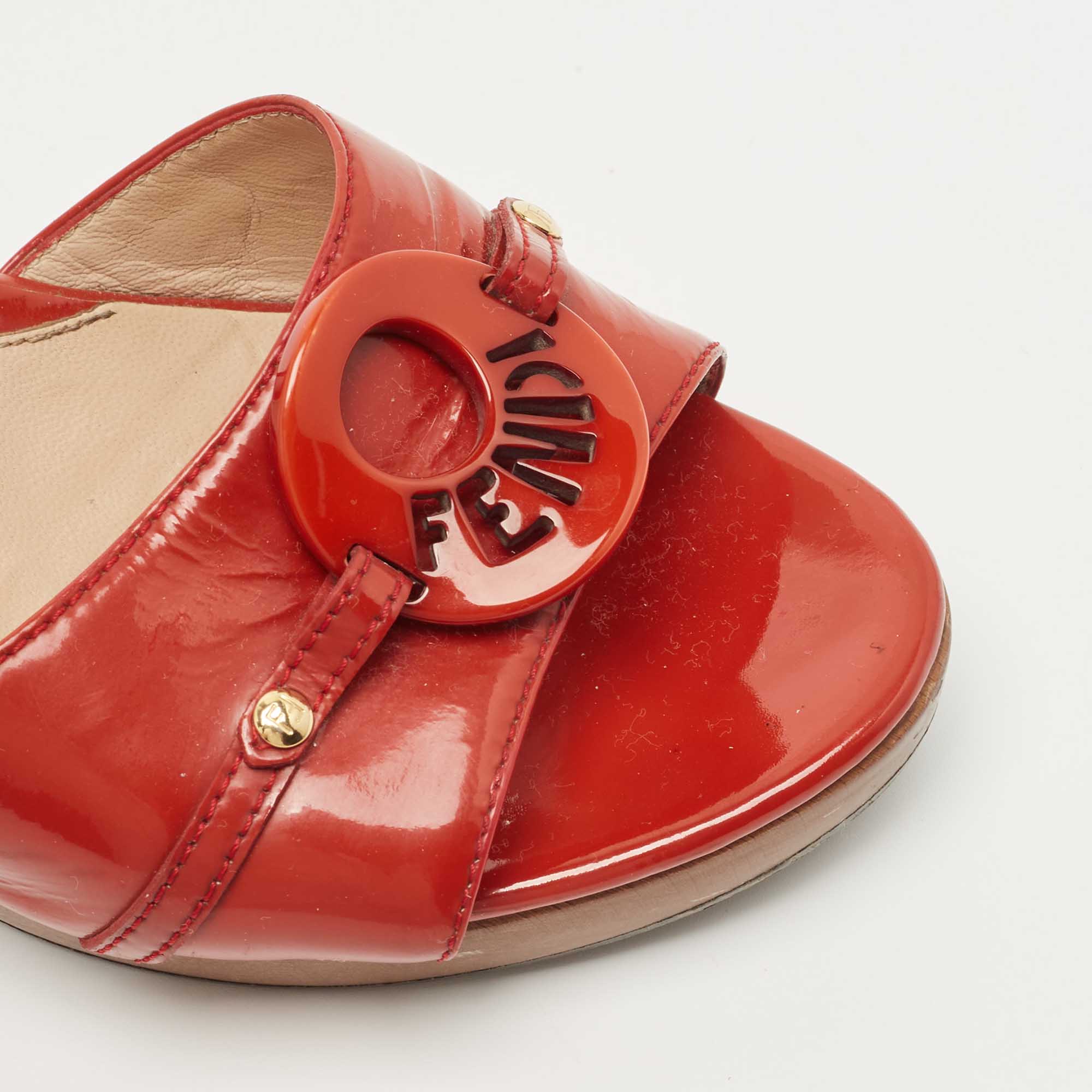 Fendi Red Patent Leather Logo Slide Sandals Size 37.5