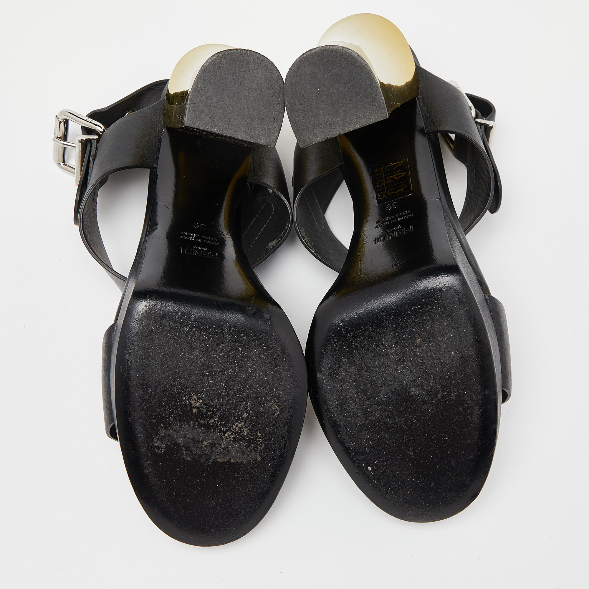 Fendi Black Leather Plateau Block Heel Sandals Size 39
