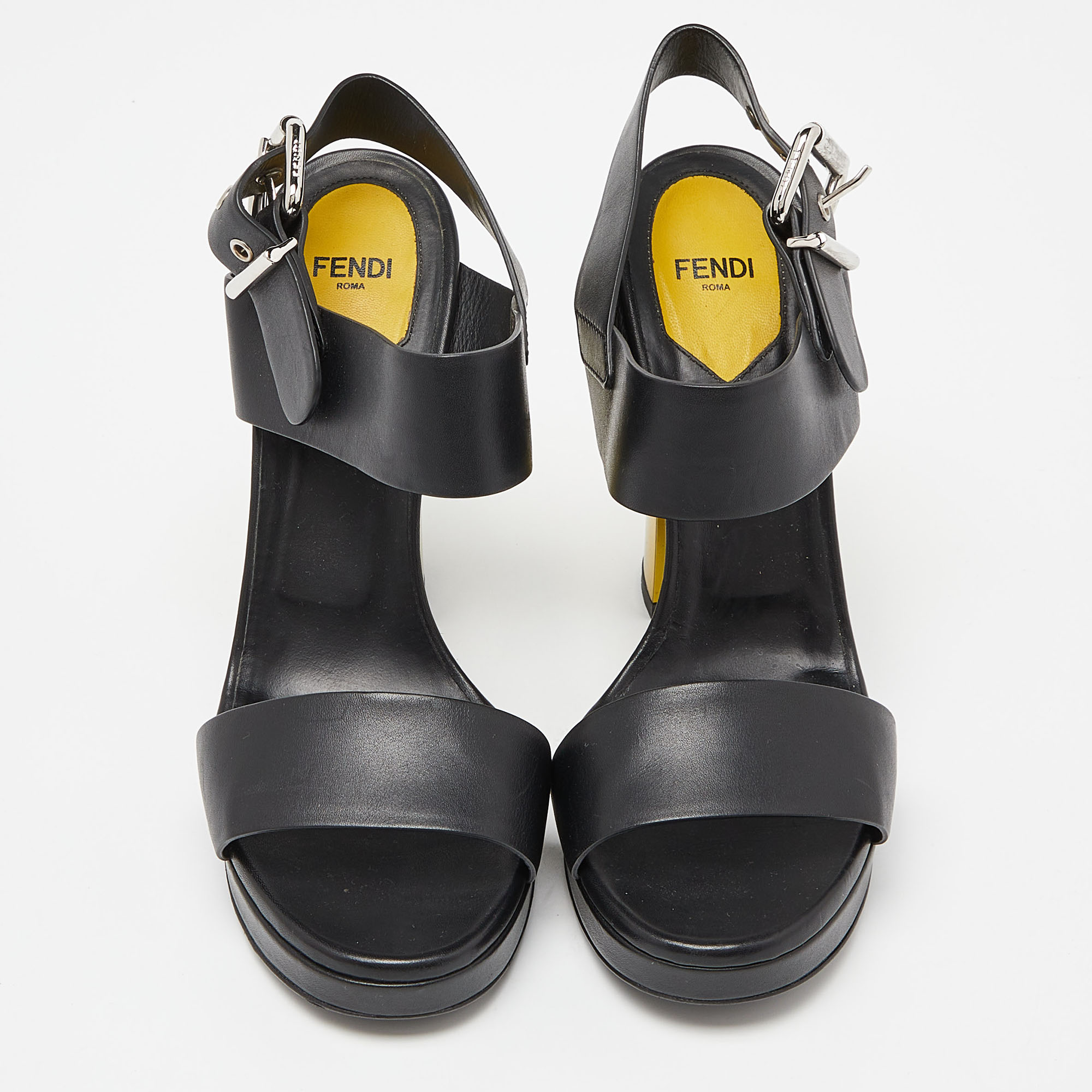 Fendi Black Leather Plateau Block Heel Sandals Size 39