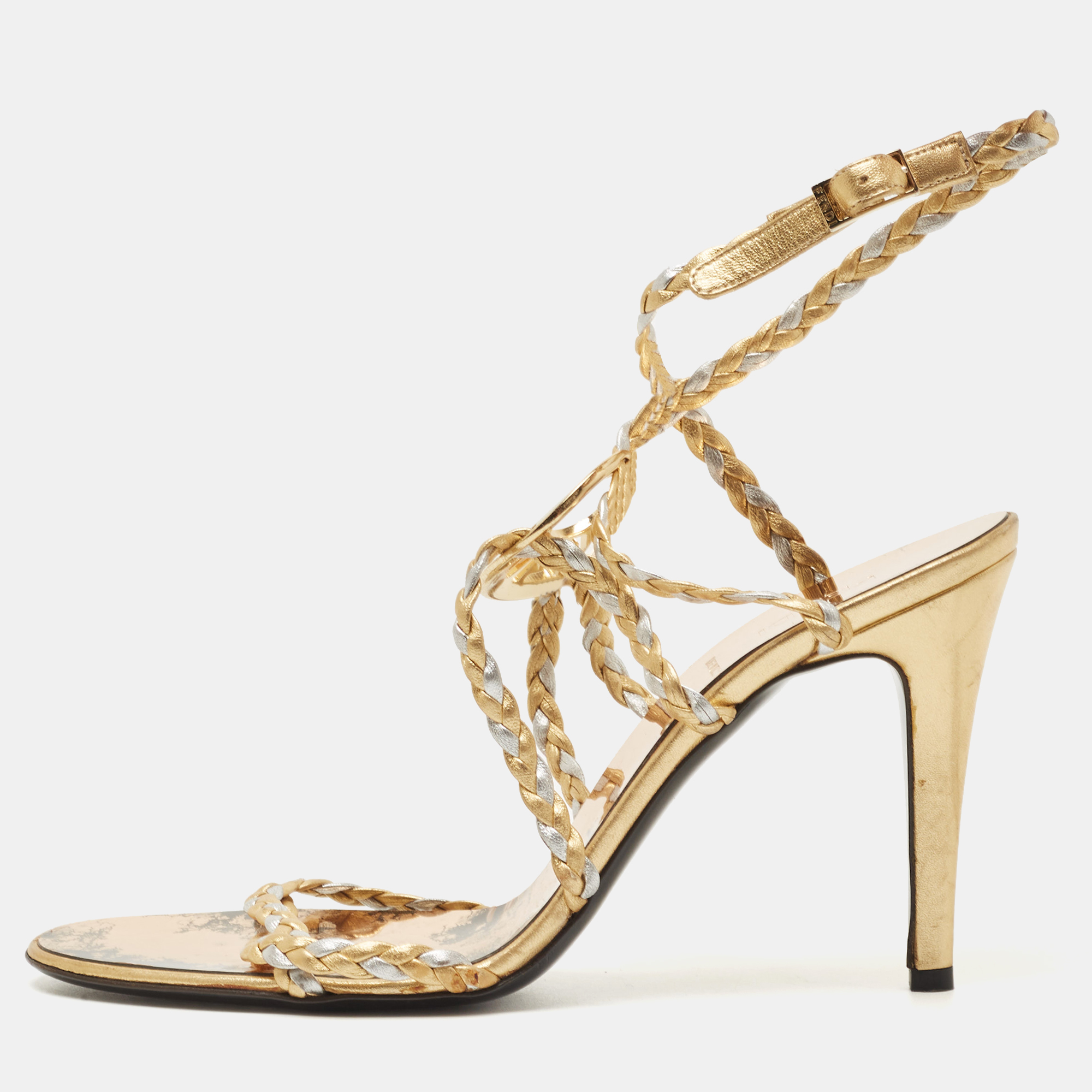Fendi Gold/Silver Braided Leather Ankle Strap Sandals Size 38