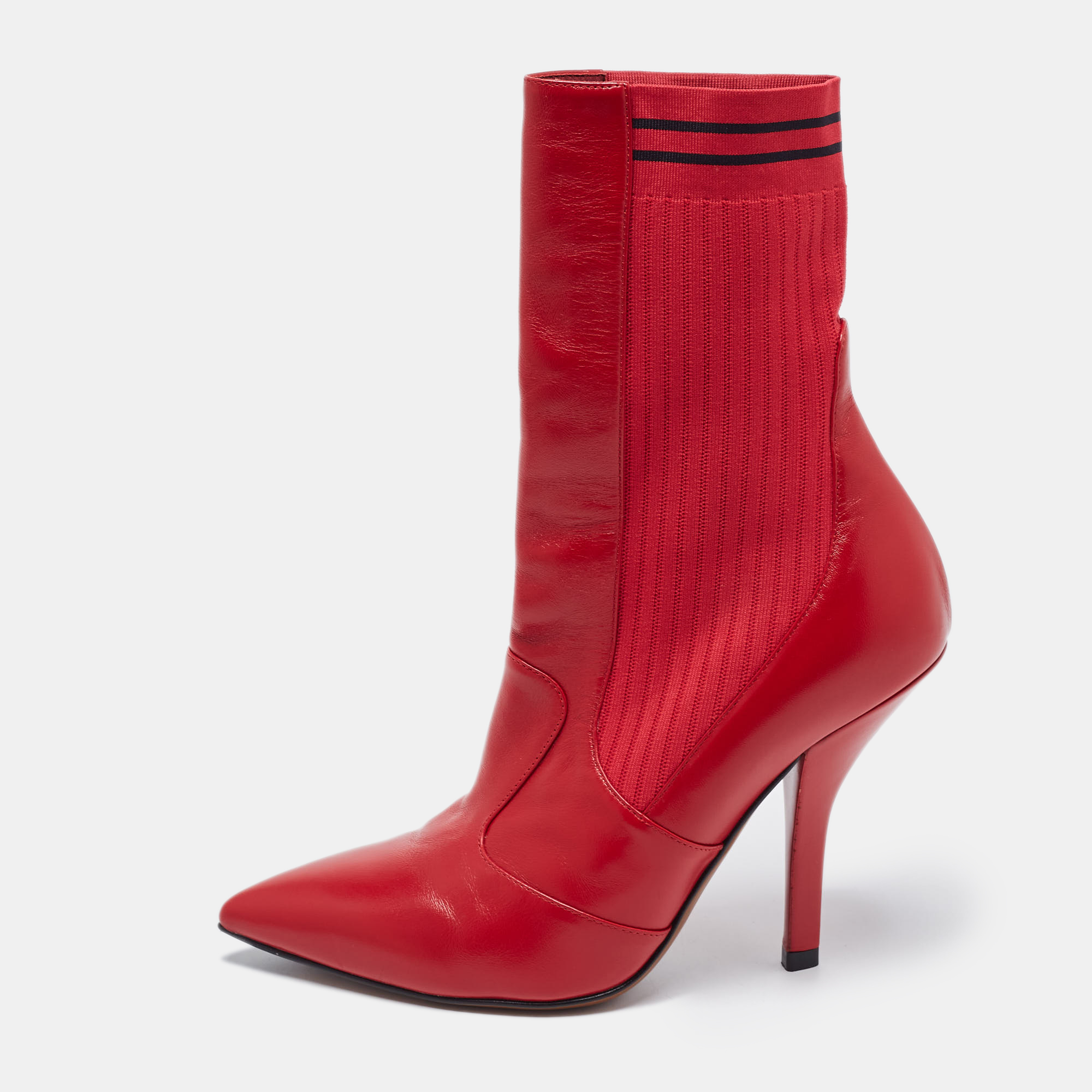 Fendi red leather and knit fabric rockoko boots size 37