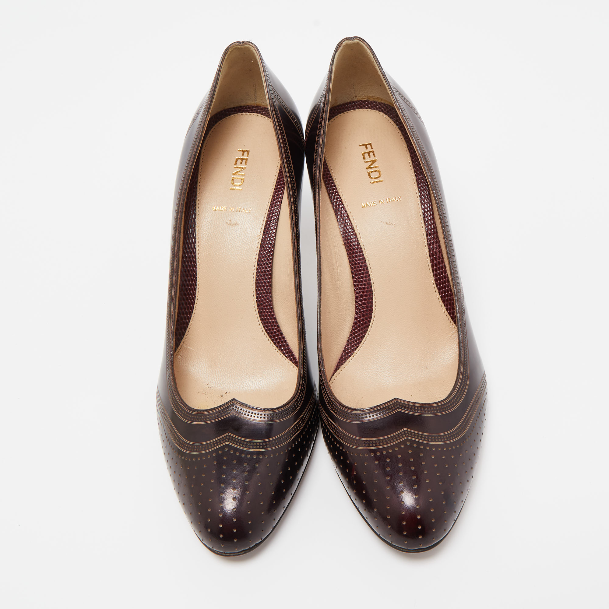 Fendi Brown Leather Perforated Brogue Detail Pumps Size 39.5