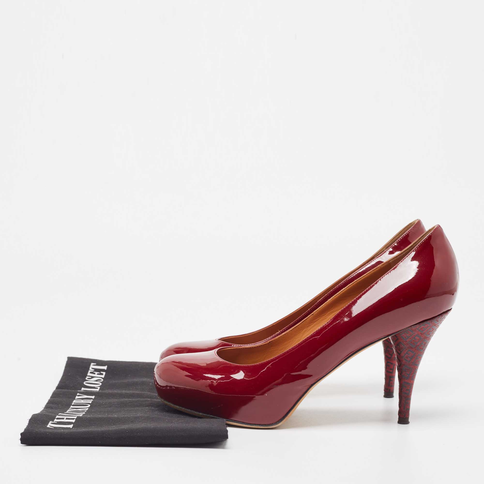 Fendi Burgundy Patent Leather FF Heel Round Toe Pumps Size 39