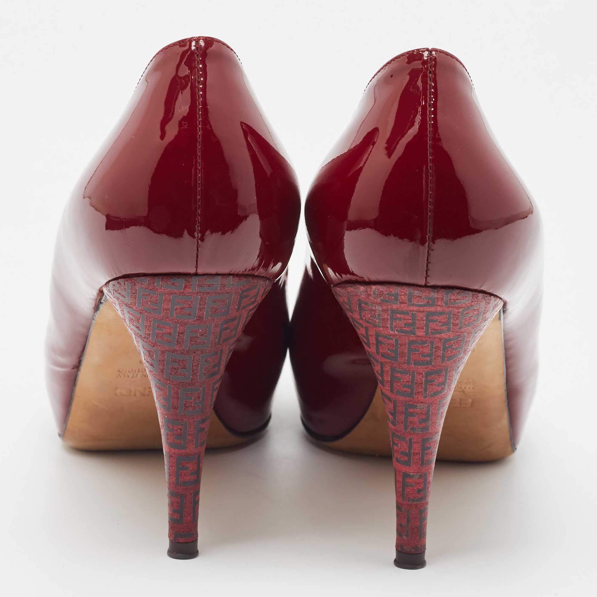 Fendi Burgundy Patent Leather FF Heel Round Toe Pumps Size 39