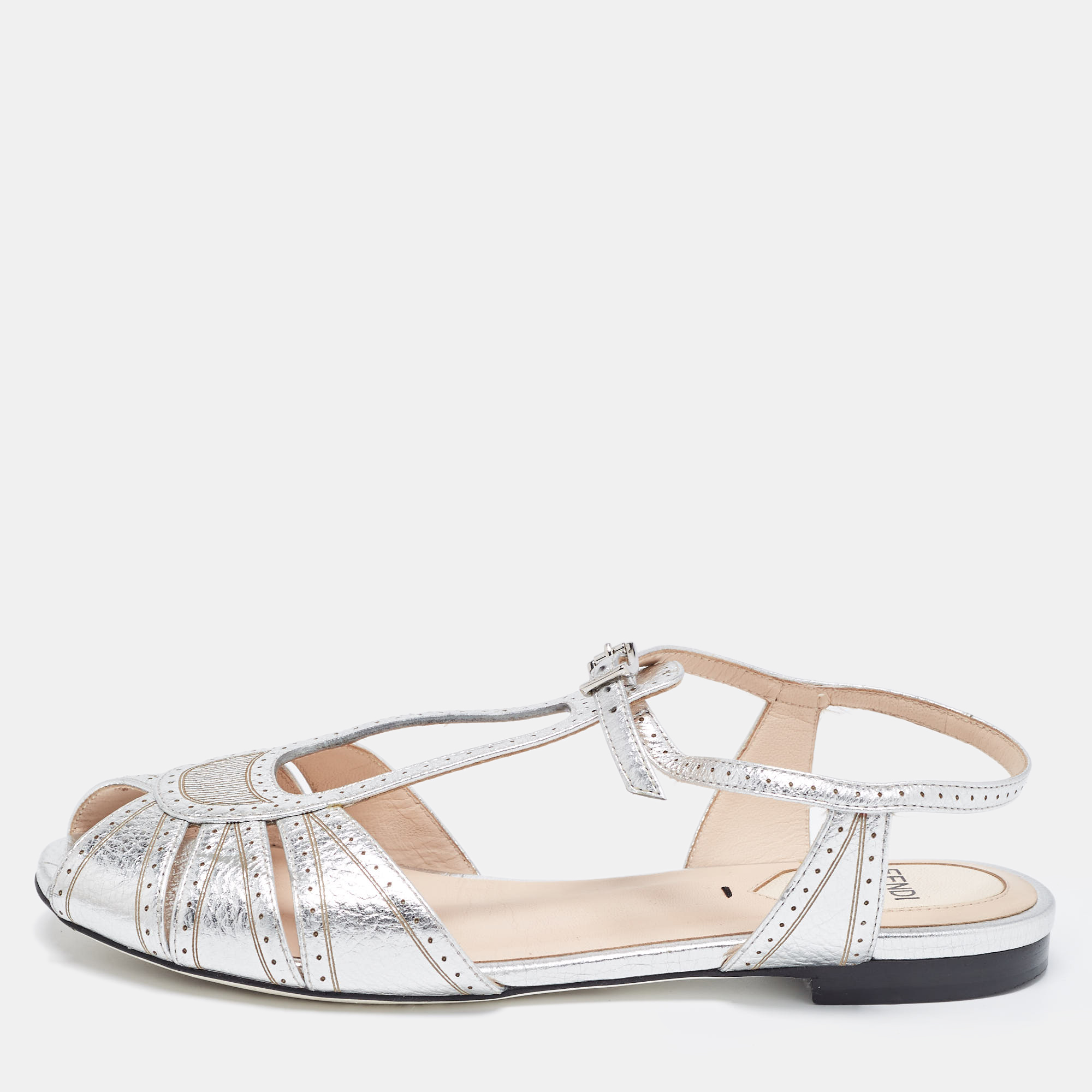 Fendi metallic silver foil leather chameleon ankle strap flat sandals size 36