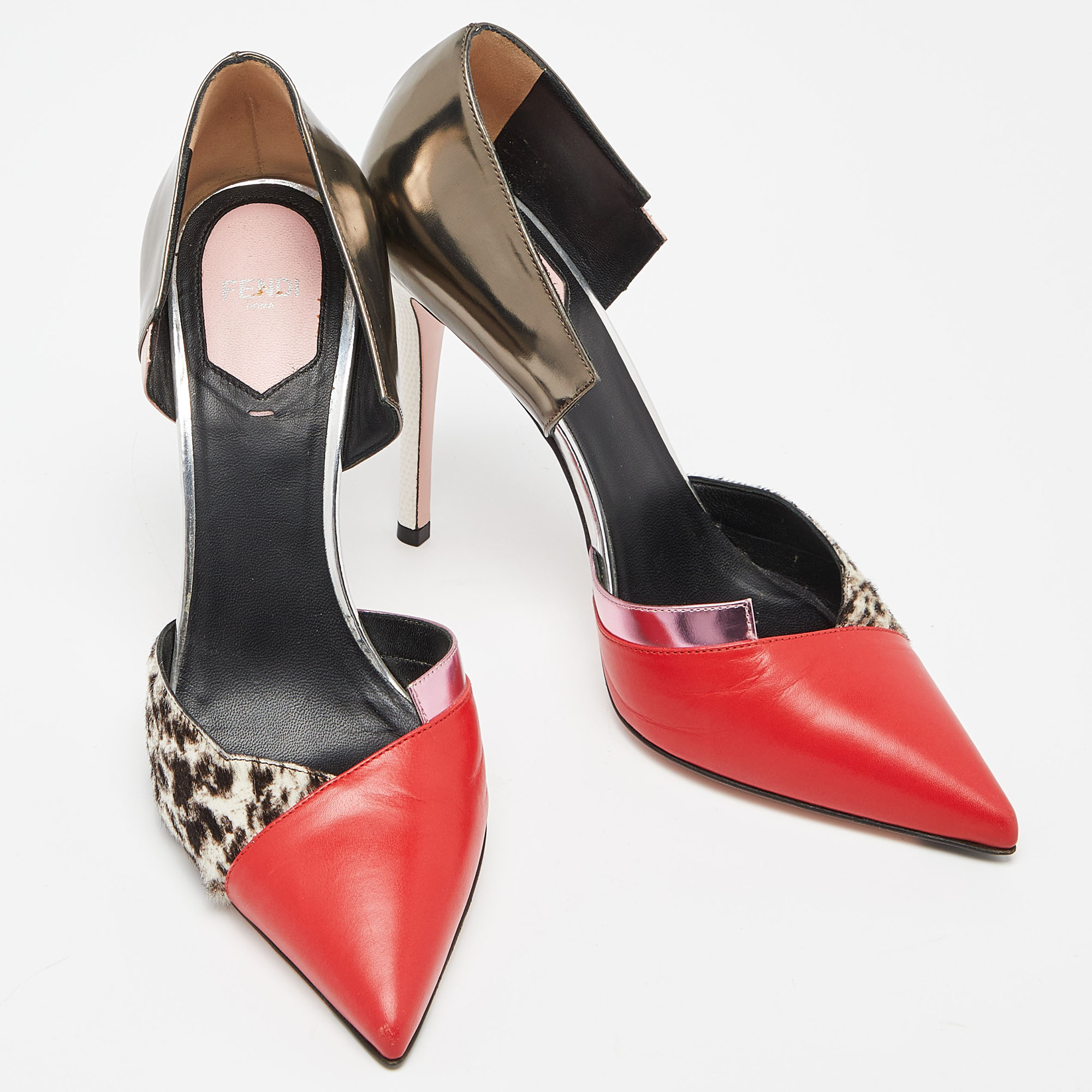 Fendi Multicolor Calfhair, Leather And Patent Trim Pointed Toe Pumps Size 39