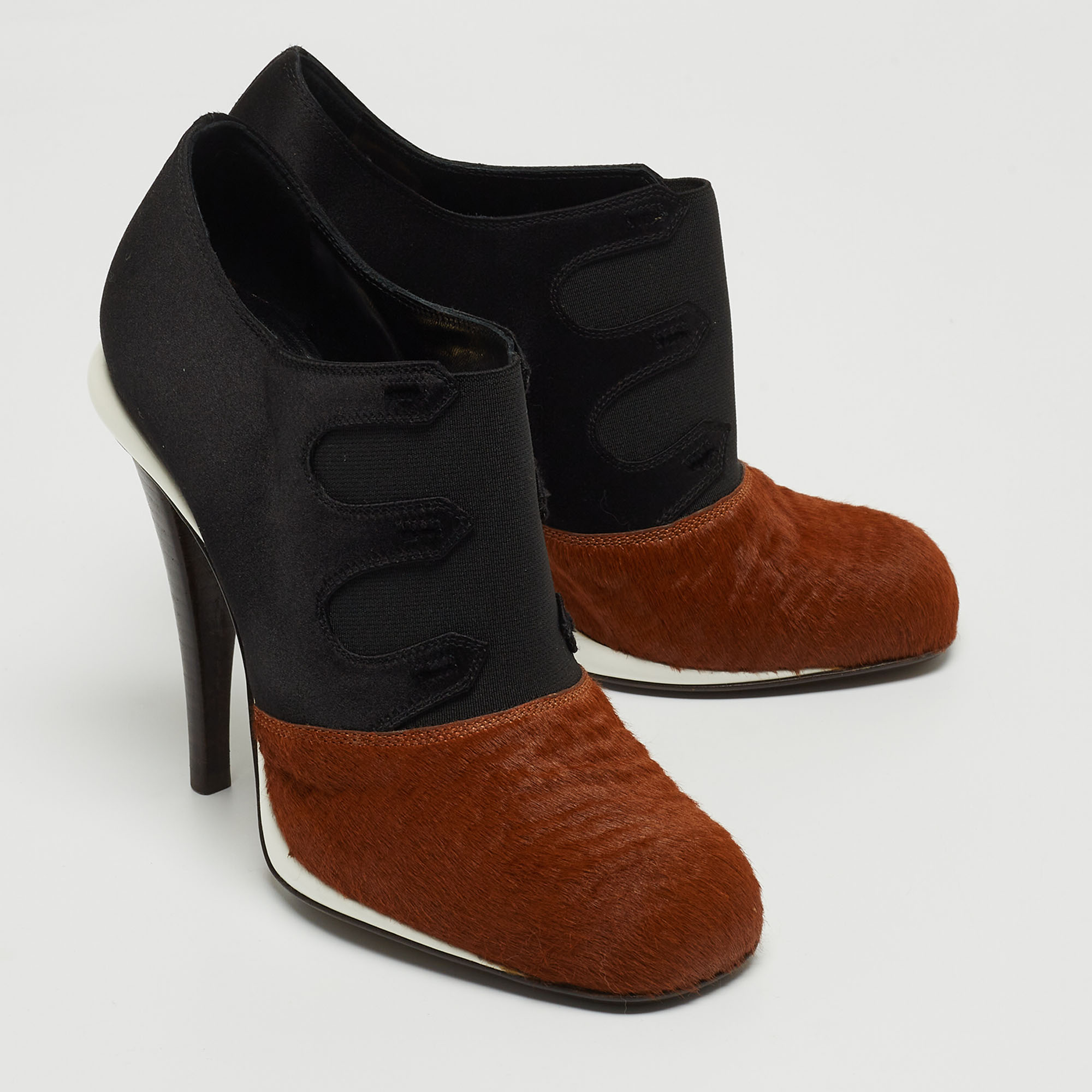 Fendi Brown/Black Calf Hair And Satin Ankle Booties Size 37