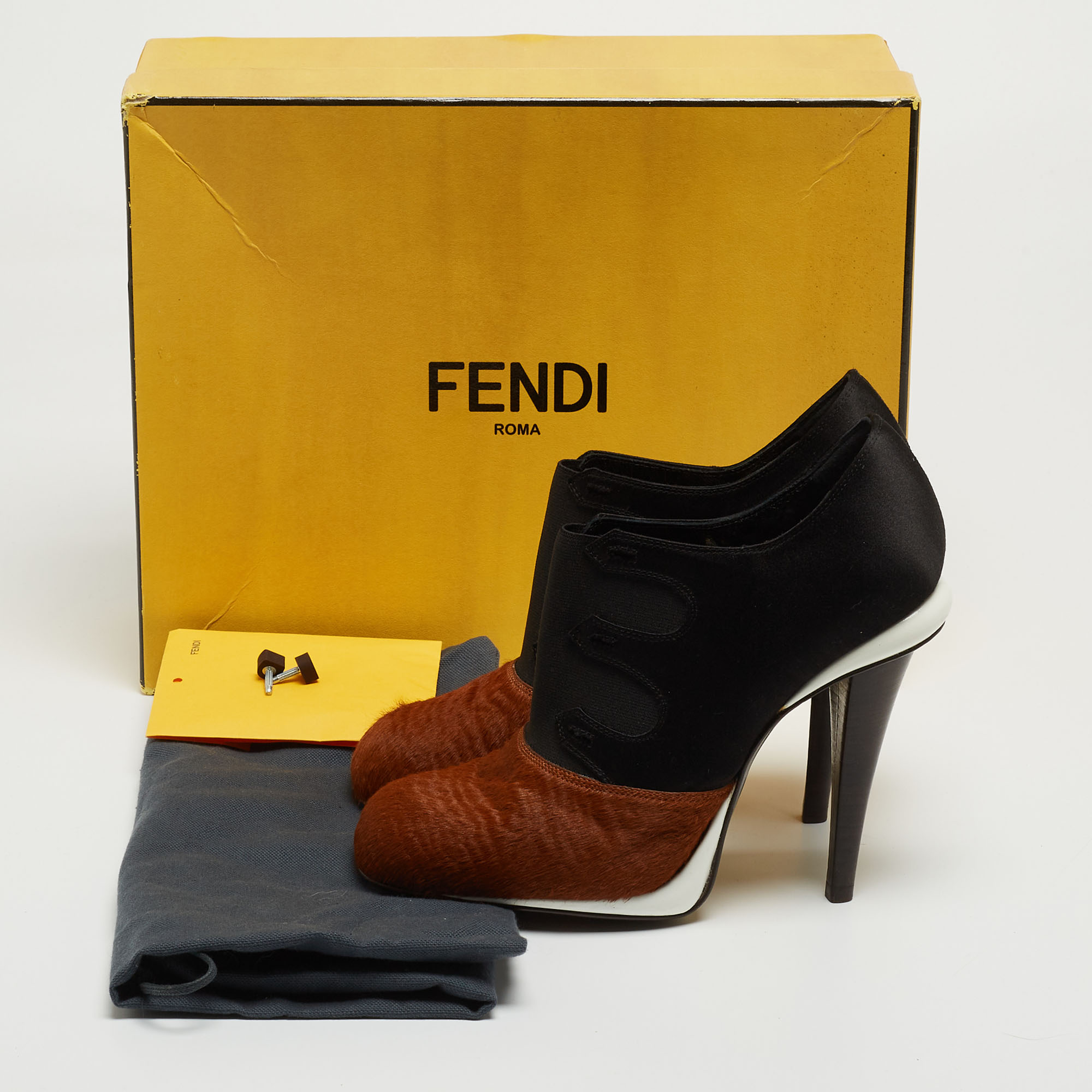 Fendi Brown/Black Calf Hair And Satin Ankle Booties Size 37