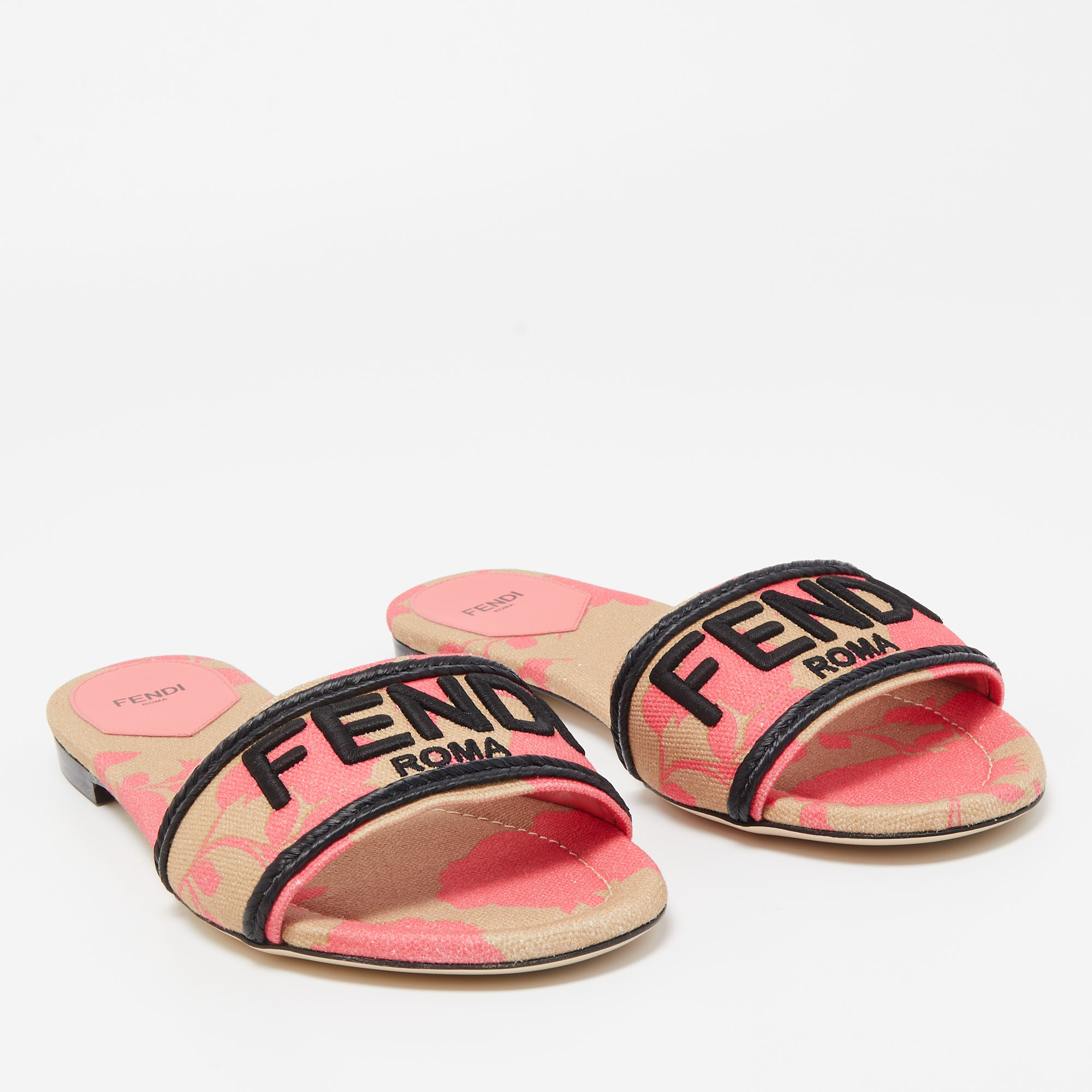 Fendi Pink/Black Zucca Canvas Flat Slides Size 41