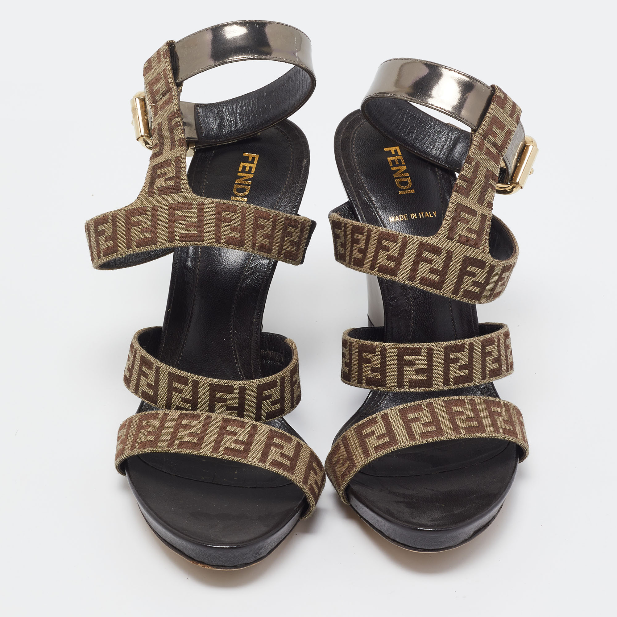 Fendi Brown/Beige Canvas And Leather Wedge Sandals Size 39