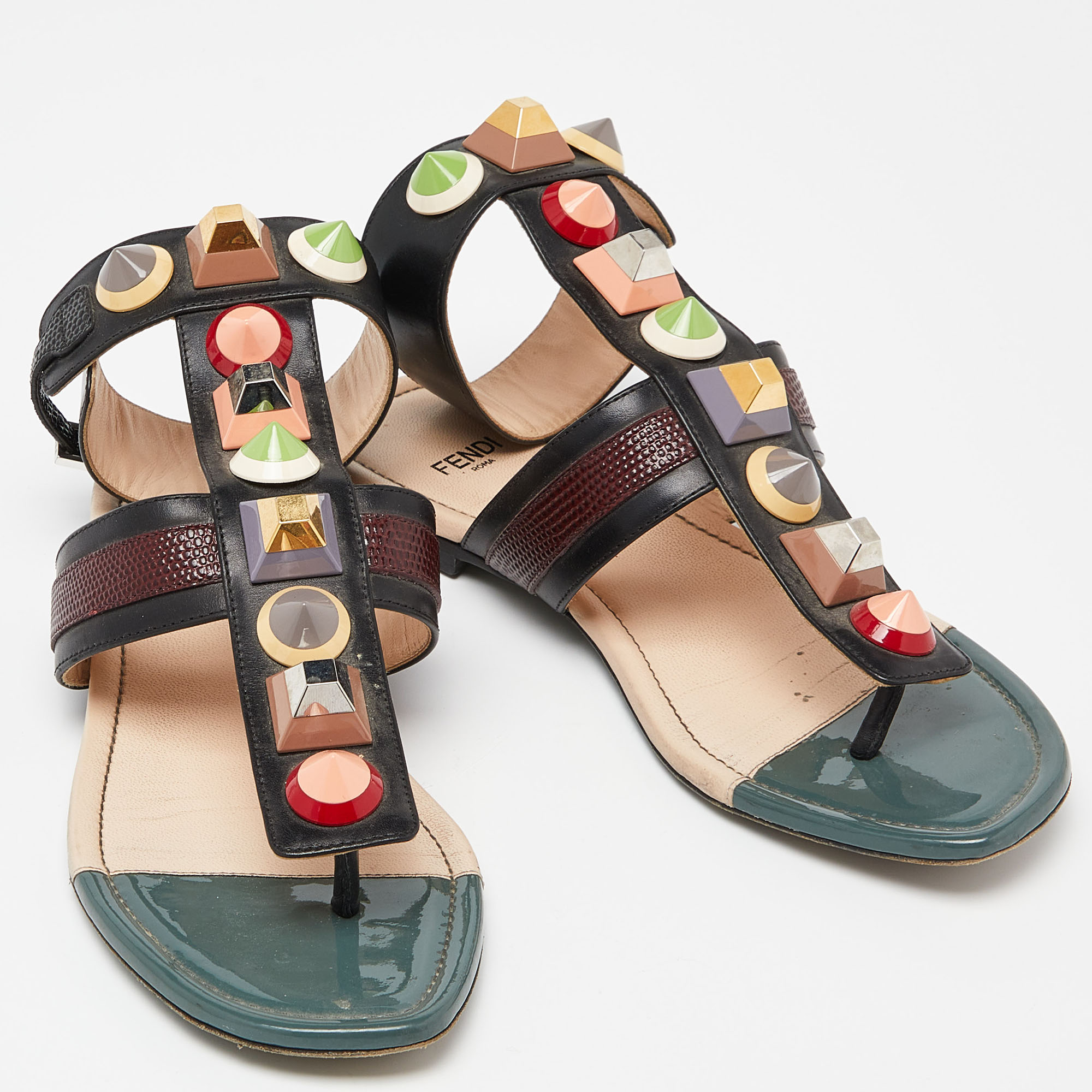 Fendi Multicolor Leather Studded Ankle Strap Flat Sandals Size 35
