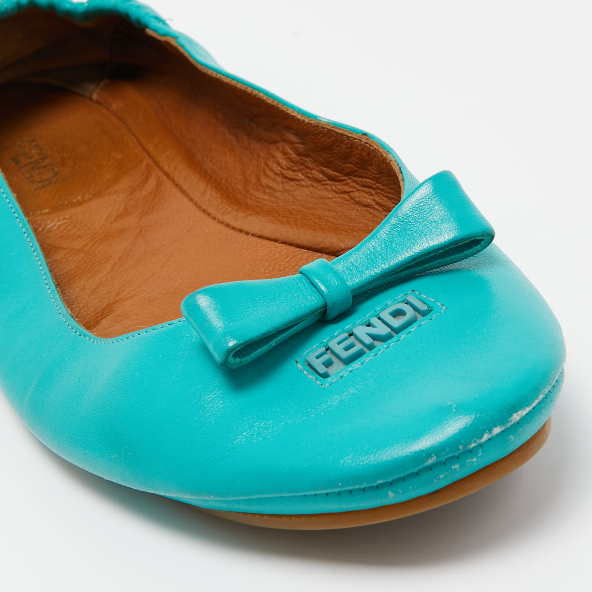 Fendi Turquoise Leather Bow Scrunch Ballet Flats Size 39