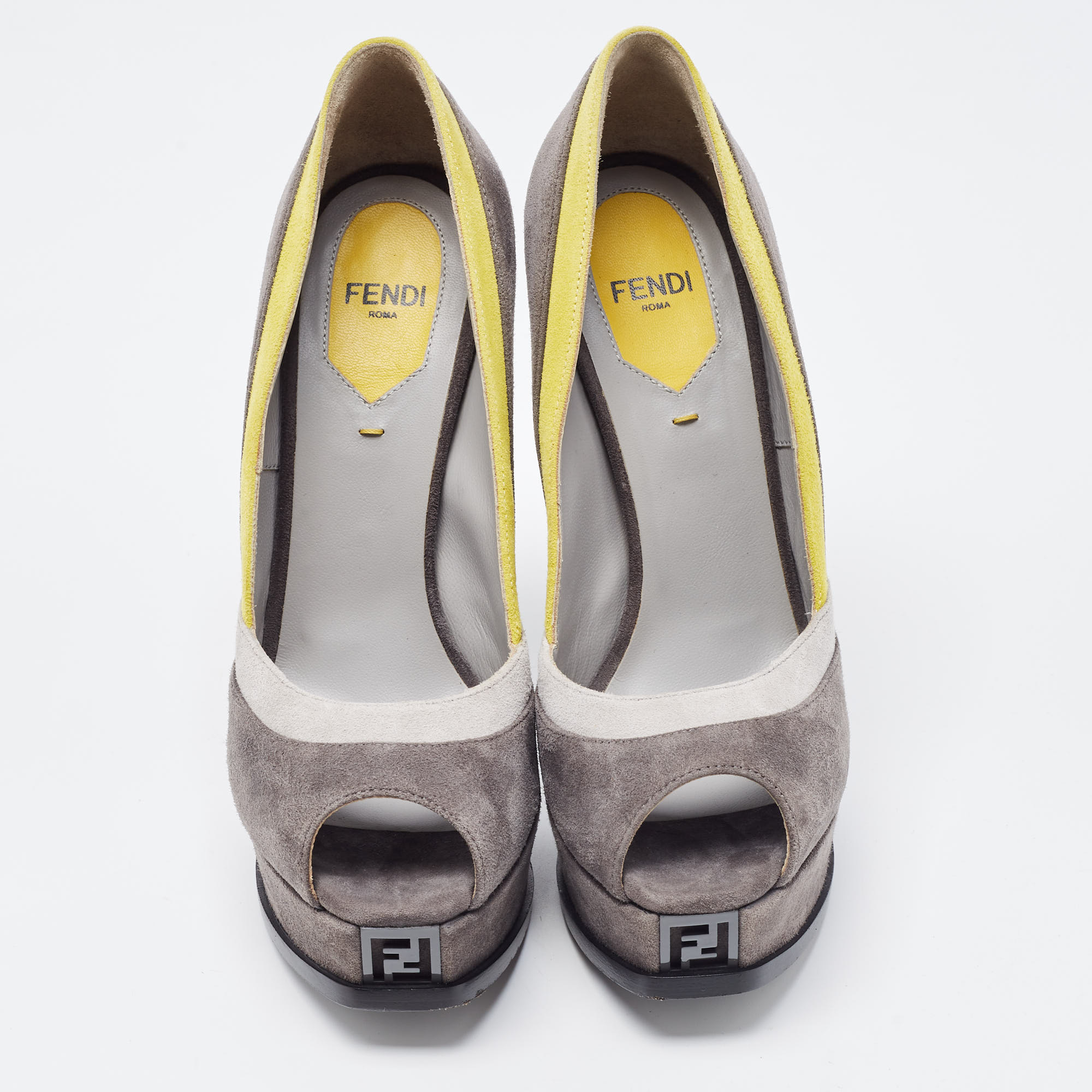 Fendi Grey/Yellow Suede Fendista Peep Toe Platform Pumps Size 36
