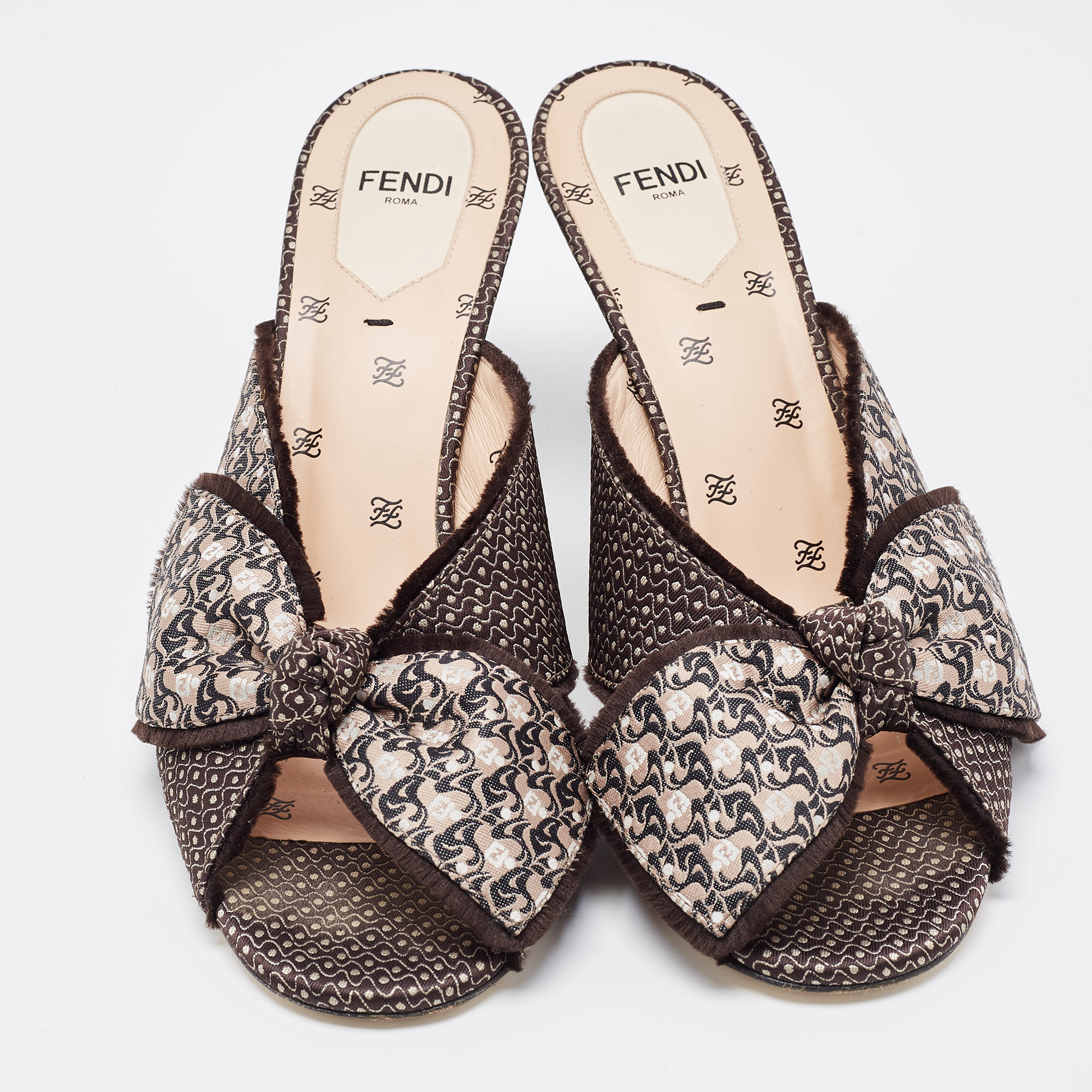 Fendi Brown/Black Fabric Knotted Mule Sandals Size 38.5