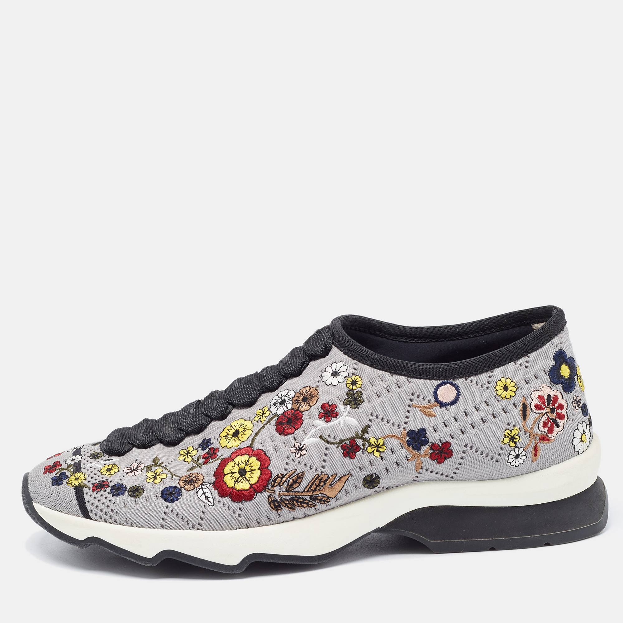 Fendi Grey Floral Embroidered Knit Fabric Slip On Sneakers Size 38