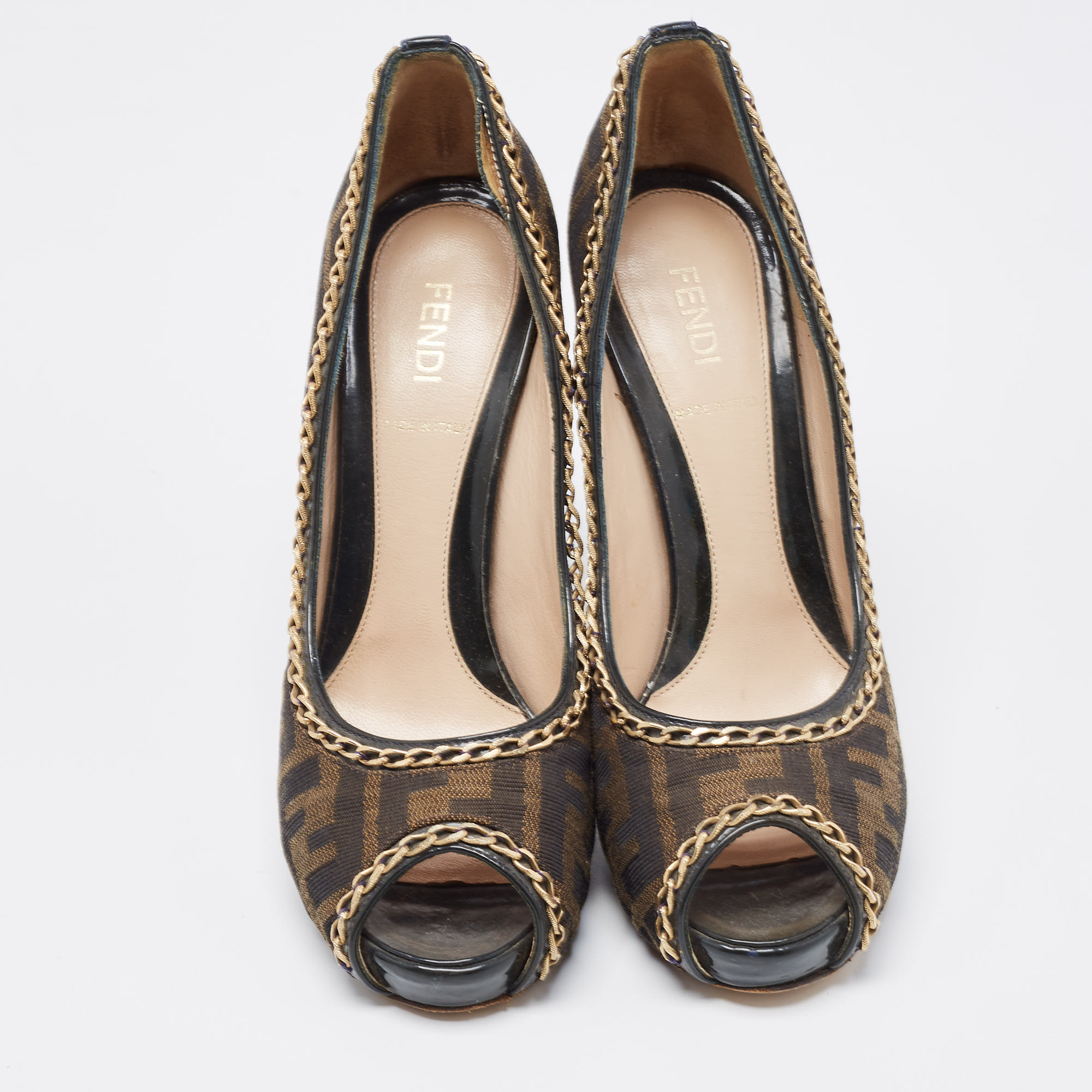 Fendi Brown Zucca Canvas Chain Embellished Peep Toe Pumps Size 37