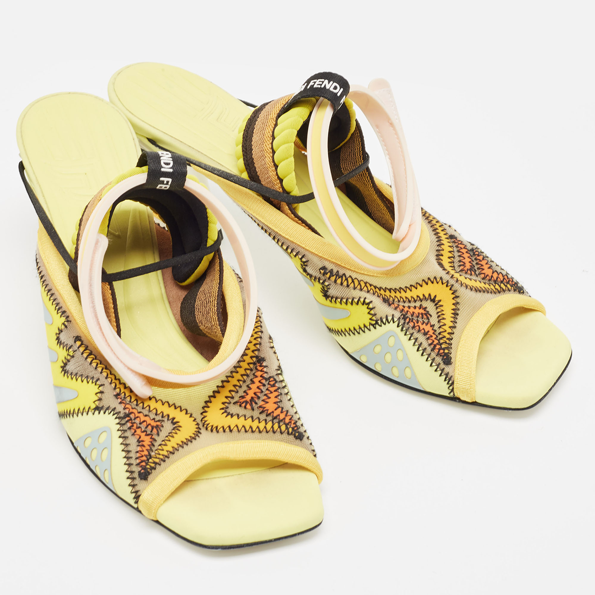Fendi Yellow Mesh And Rubber Ankle Strap Sandals Size 38.5