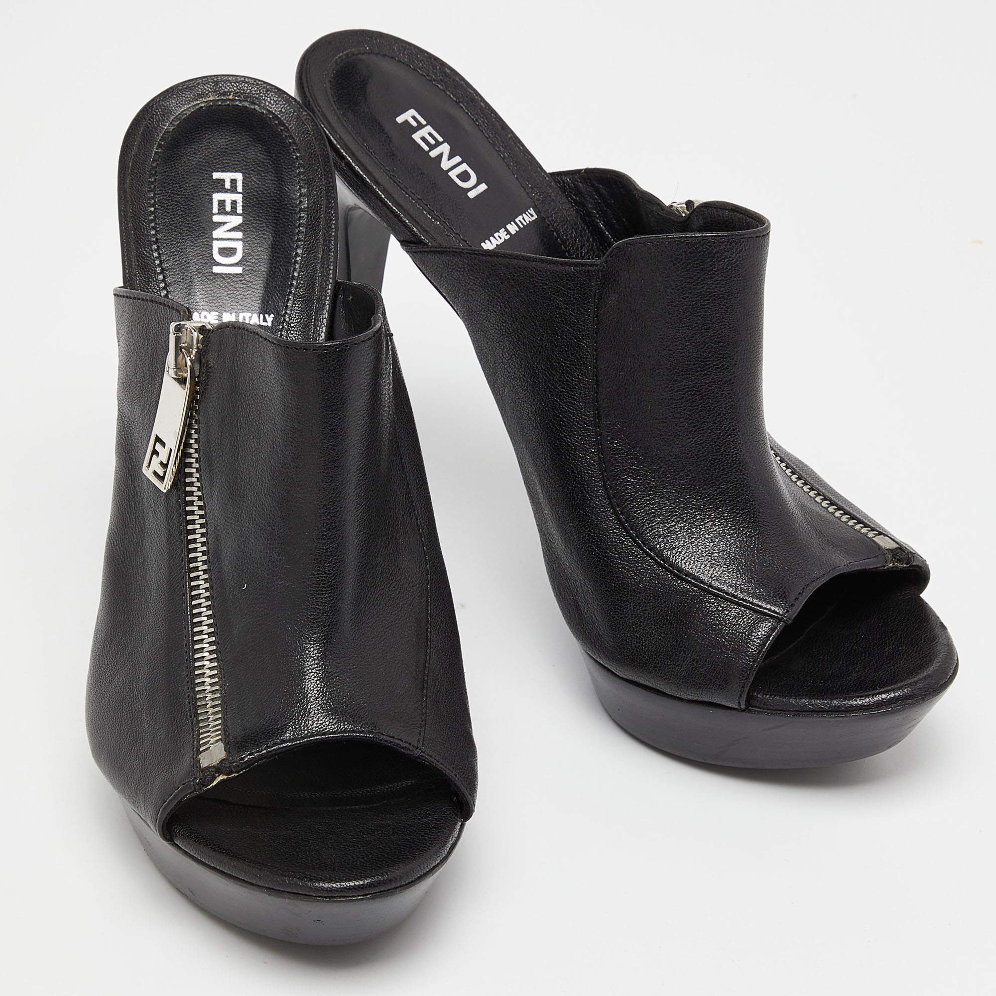 Fendi Black Leather Zipped Heel Mule Size 39.5
