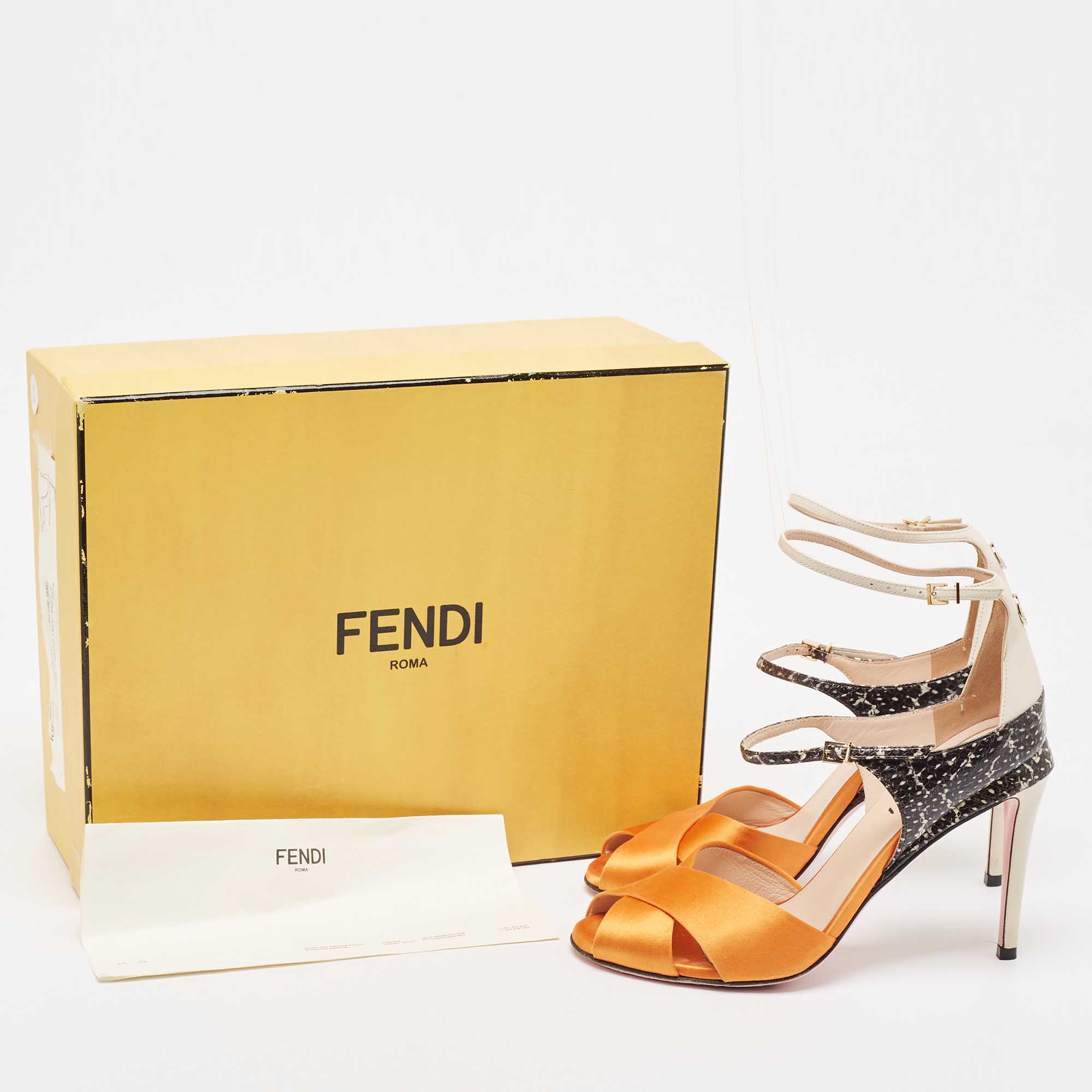 Fendi Multicolor Satin And Python Embossed Leather Criss Cross Ankle Strap Sandals Size 37
