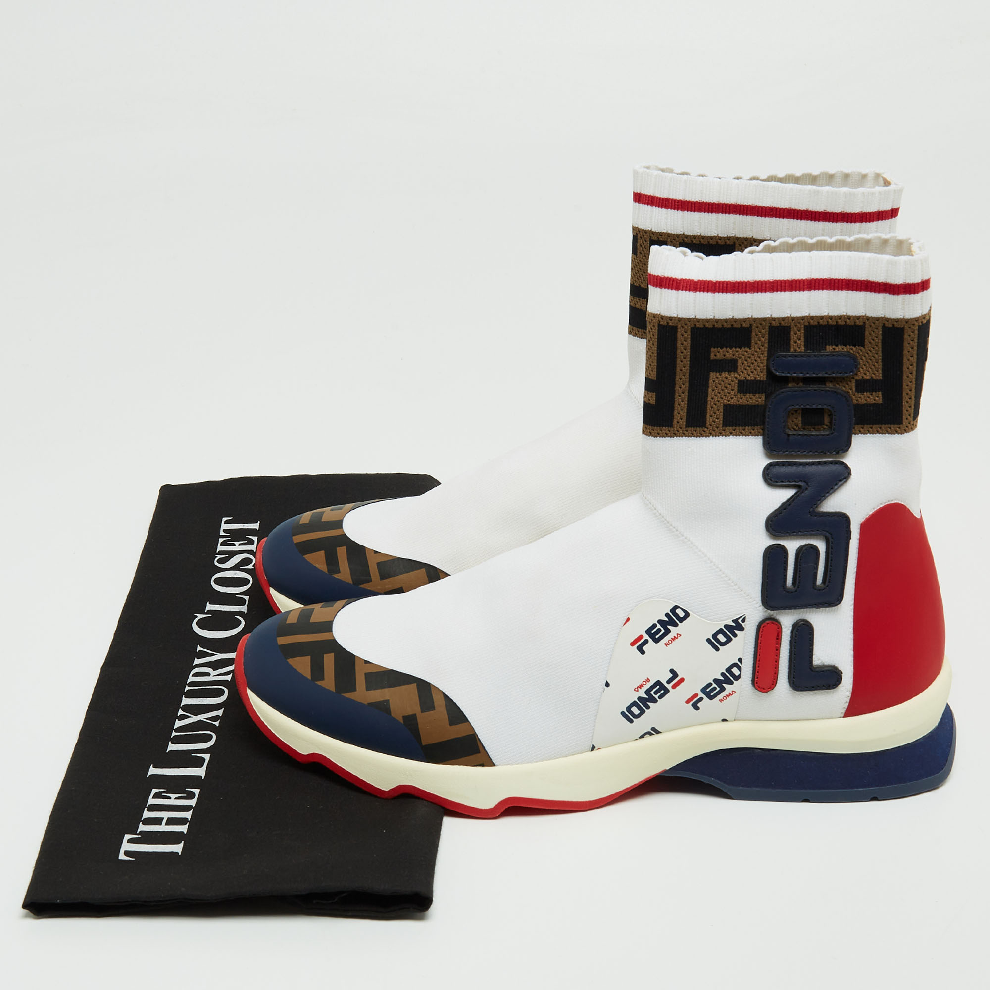 Fendi X Fila Tricolor Knit Fabric And Leather Mania Sock Sneakers Size 38