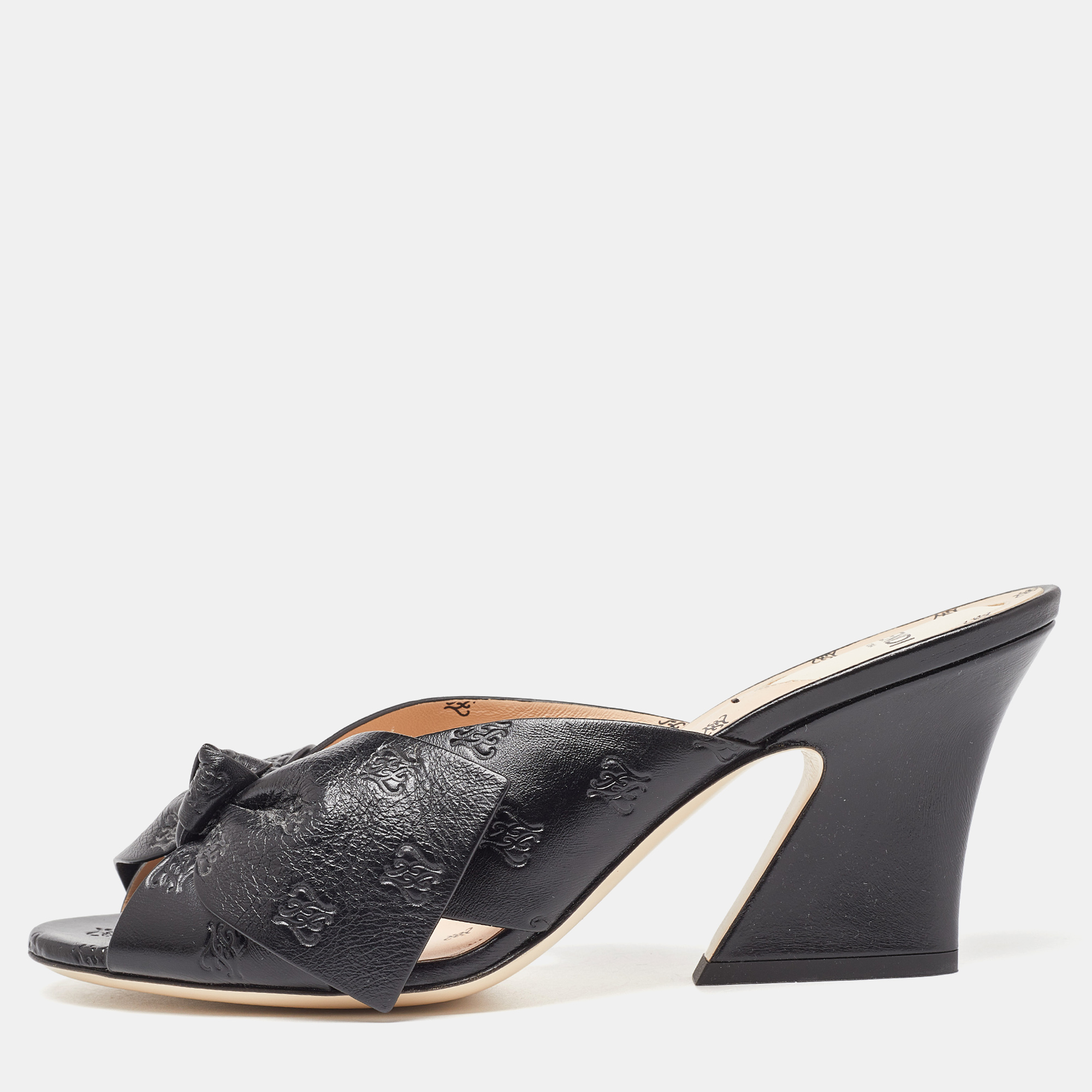 Fendi Black Leather Bow FF Karligraphy Slide Sandals Size 41