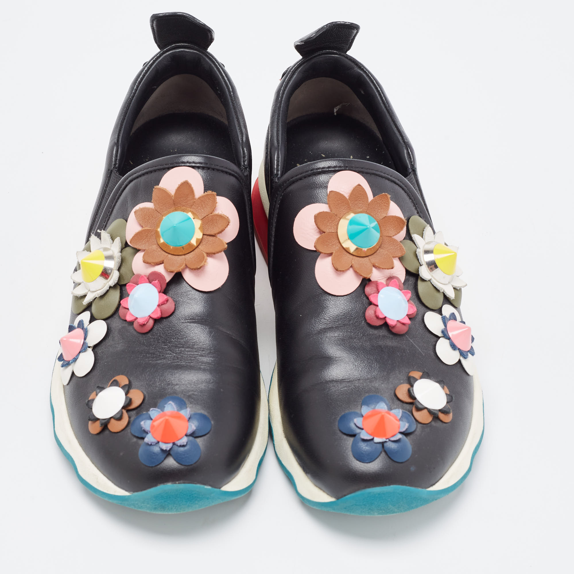 Fendi Black Leather Flowerland Embellished Slip On Sneakers Size 35