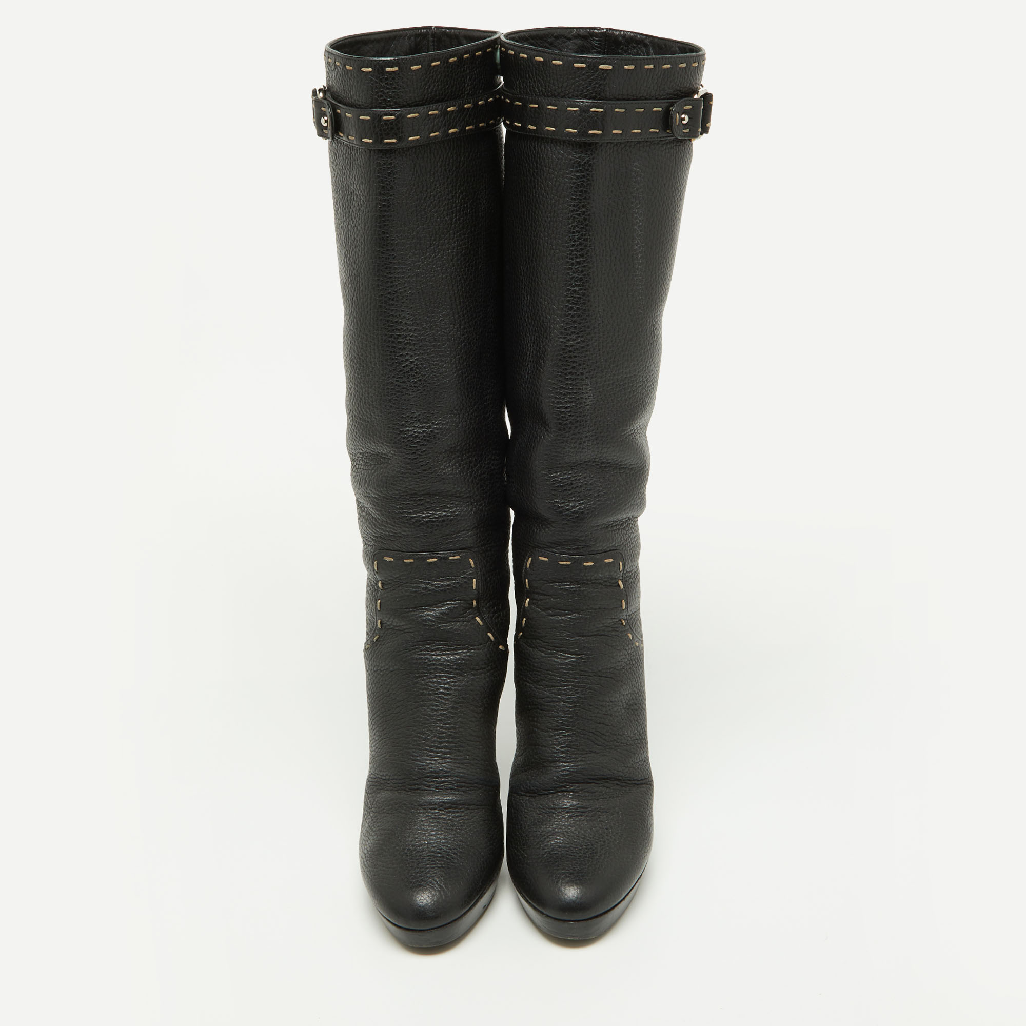 Fendi Black Selleria Leather Knee Length Platform Boots Size 39