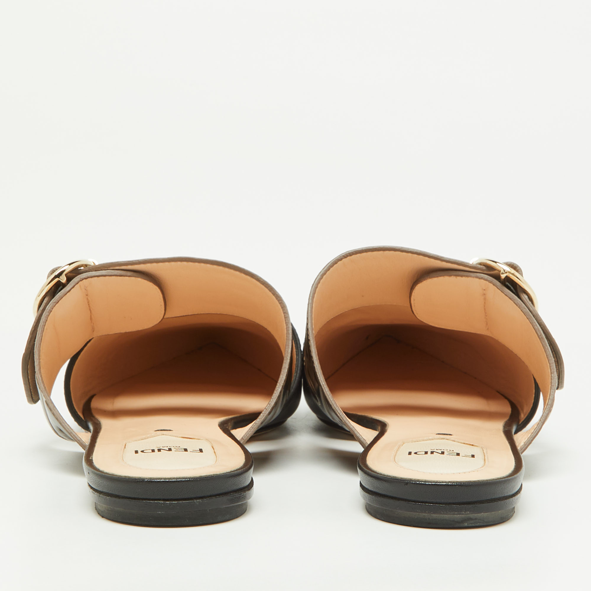 Fendi Black/Tobacco Zucca Leather Flat Mule Sandals Size 37