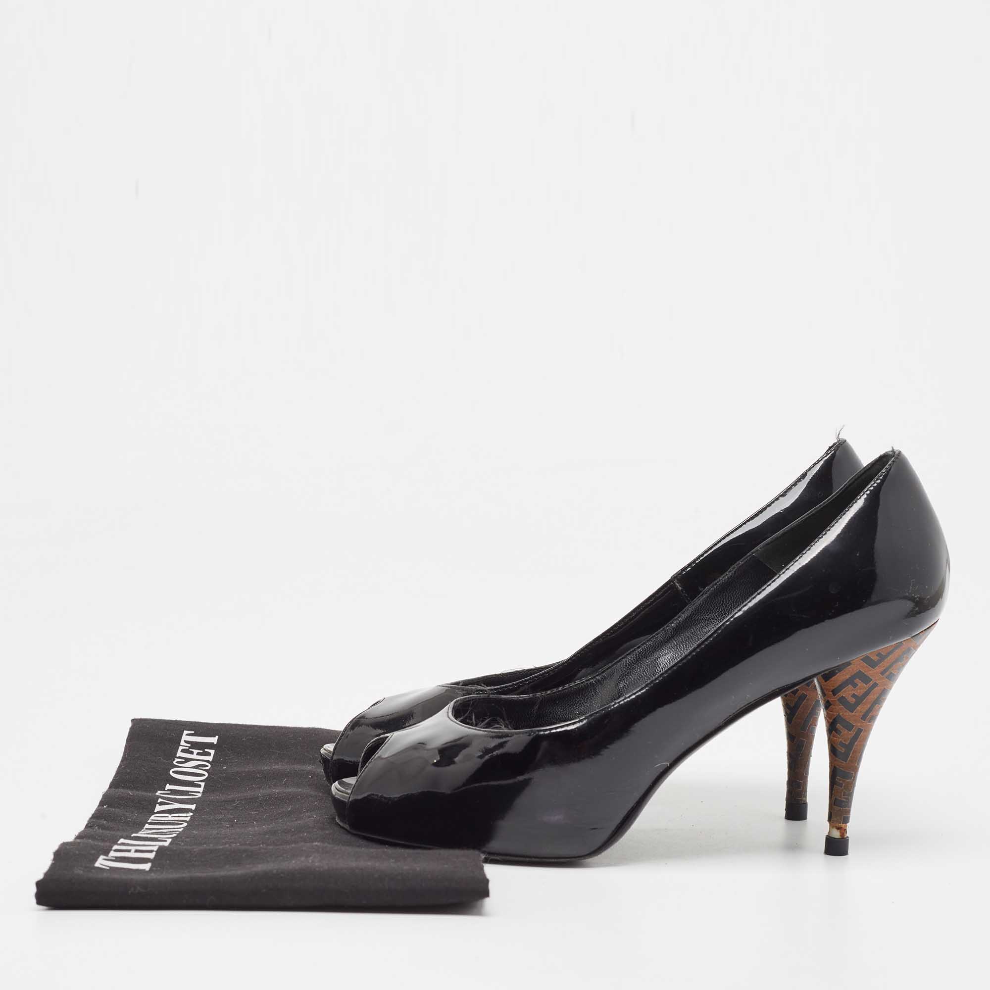 Fendi Black Patent Leather Zucca Heel Peep Toe Pumps Size 37
