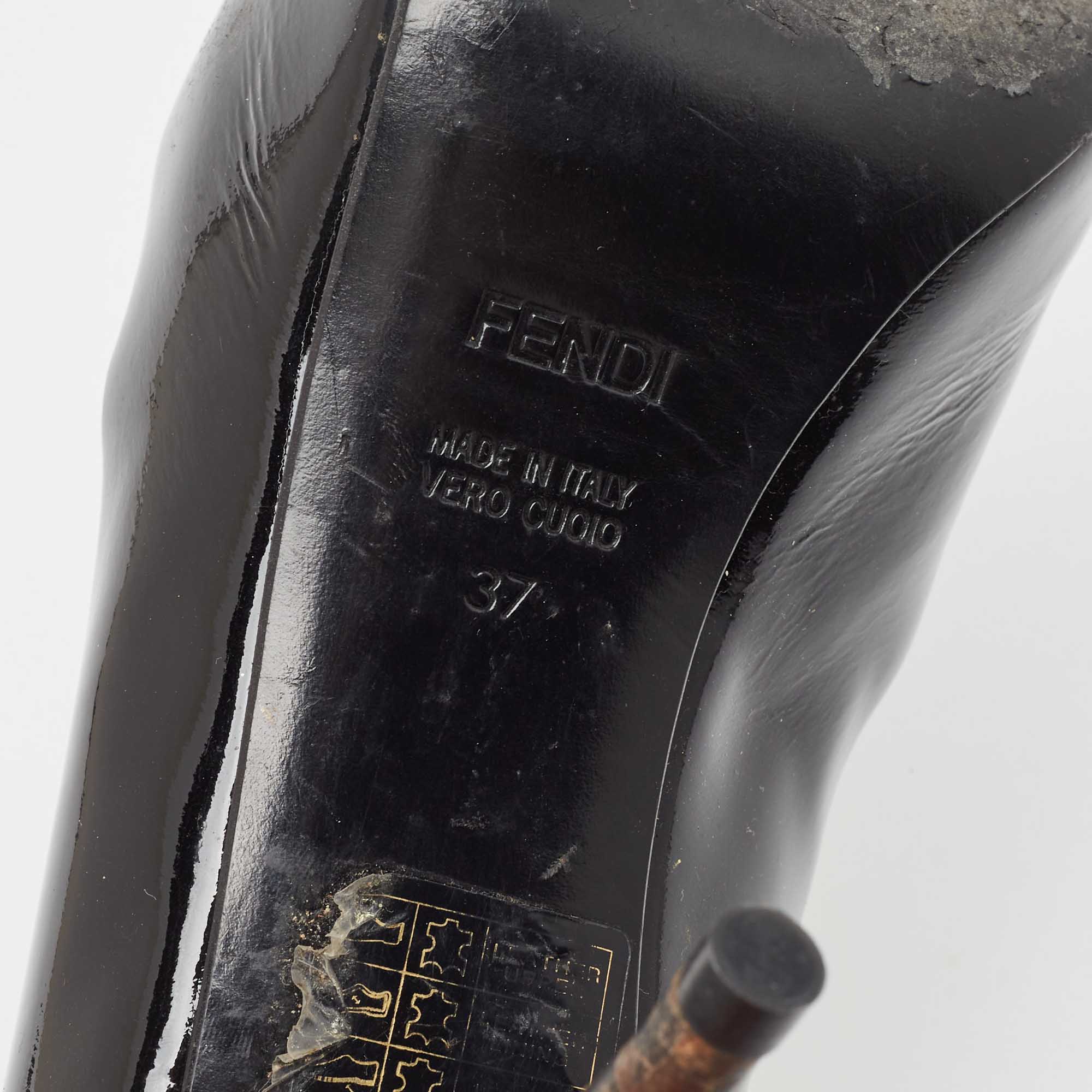 Fendi Black Patent Leather Zucca Heel Peep Toe Pumps Size 37