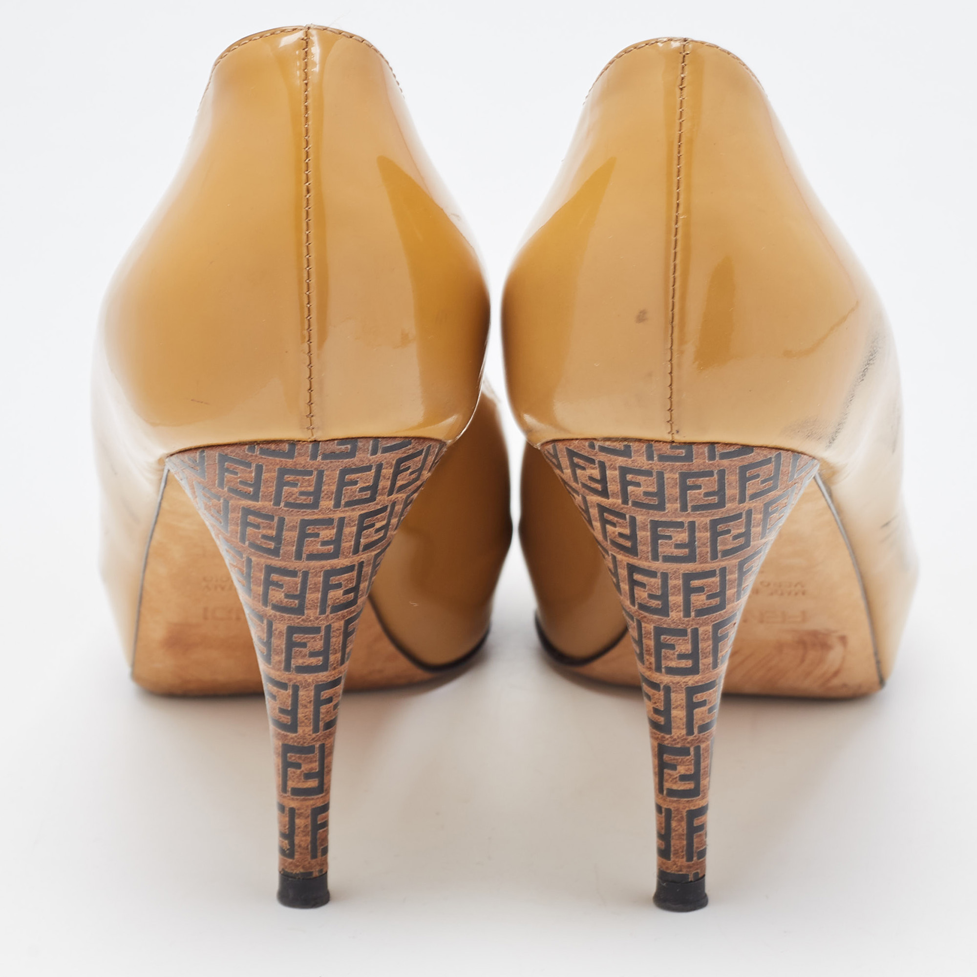 Fendi Beige Patent Leather Zucca Heel Peep Toe Pumps Size 37