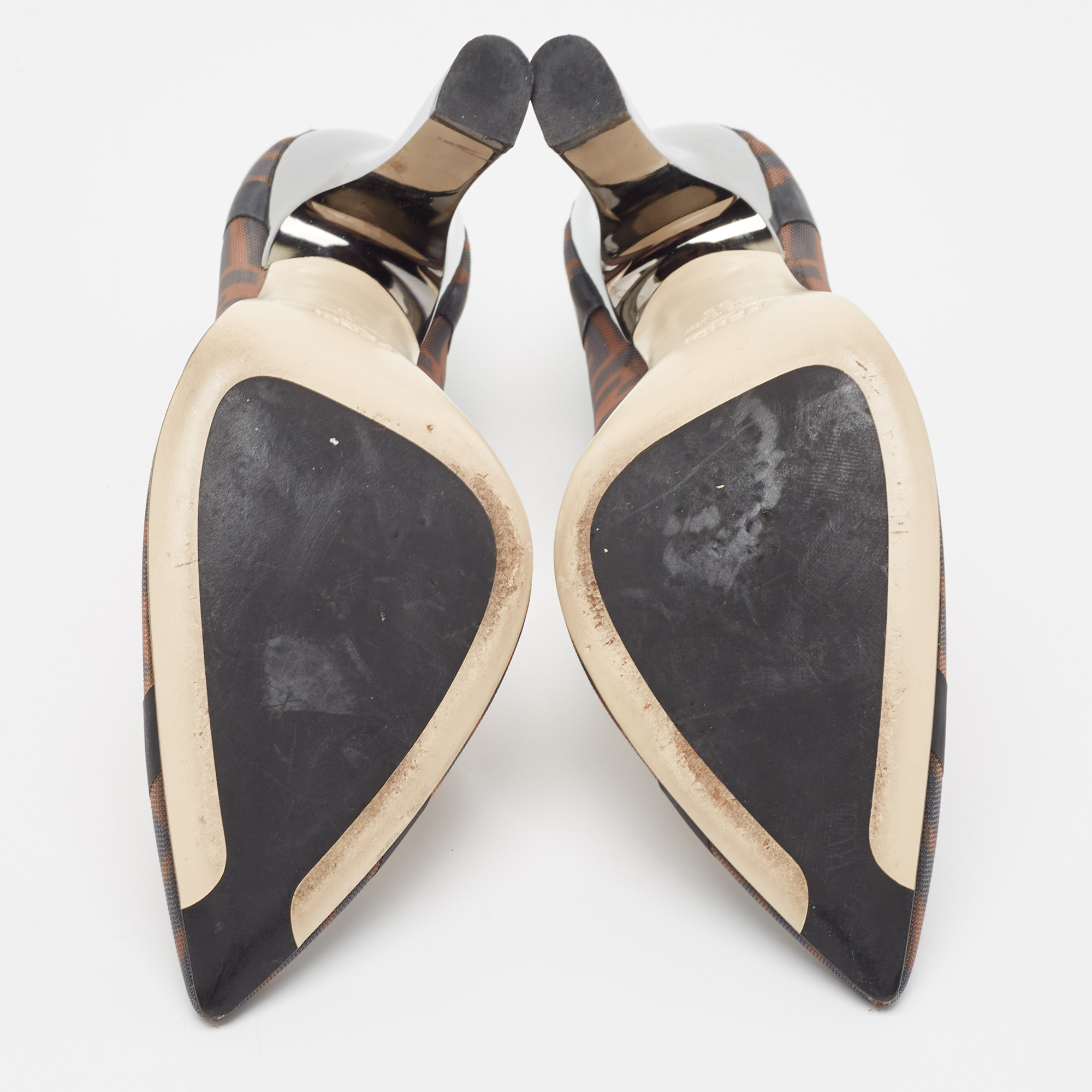 Fendi Beige/Black Leather And Mesh Colibri Logo Pointed Toe Pumps Size 38