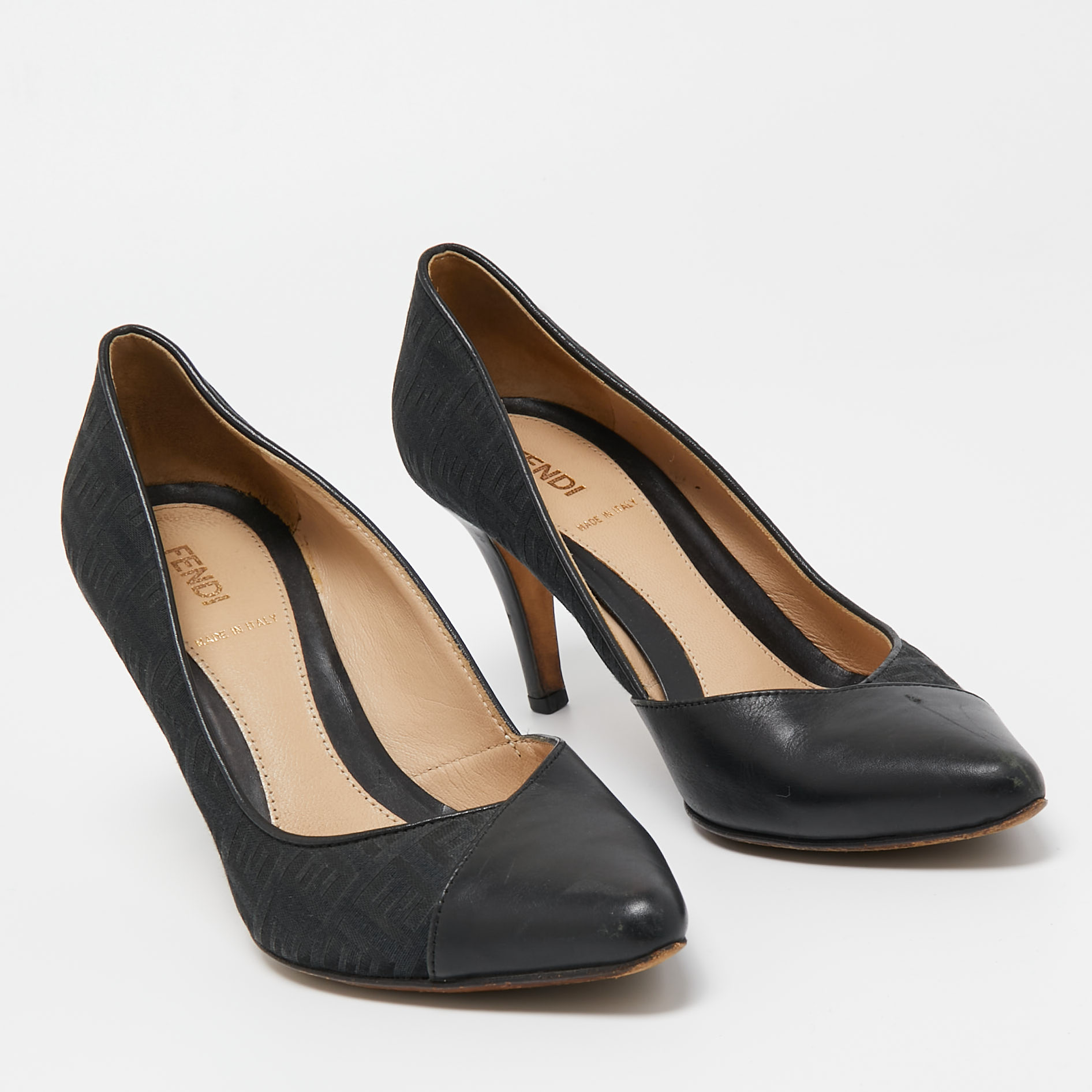Fendi Black Leather And Zucca Canvas Pointed Toe Pumps Size 37