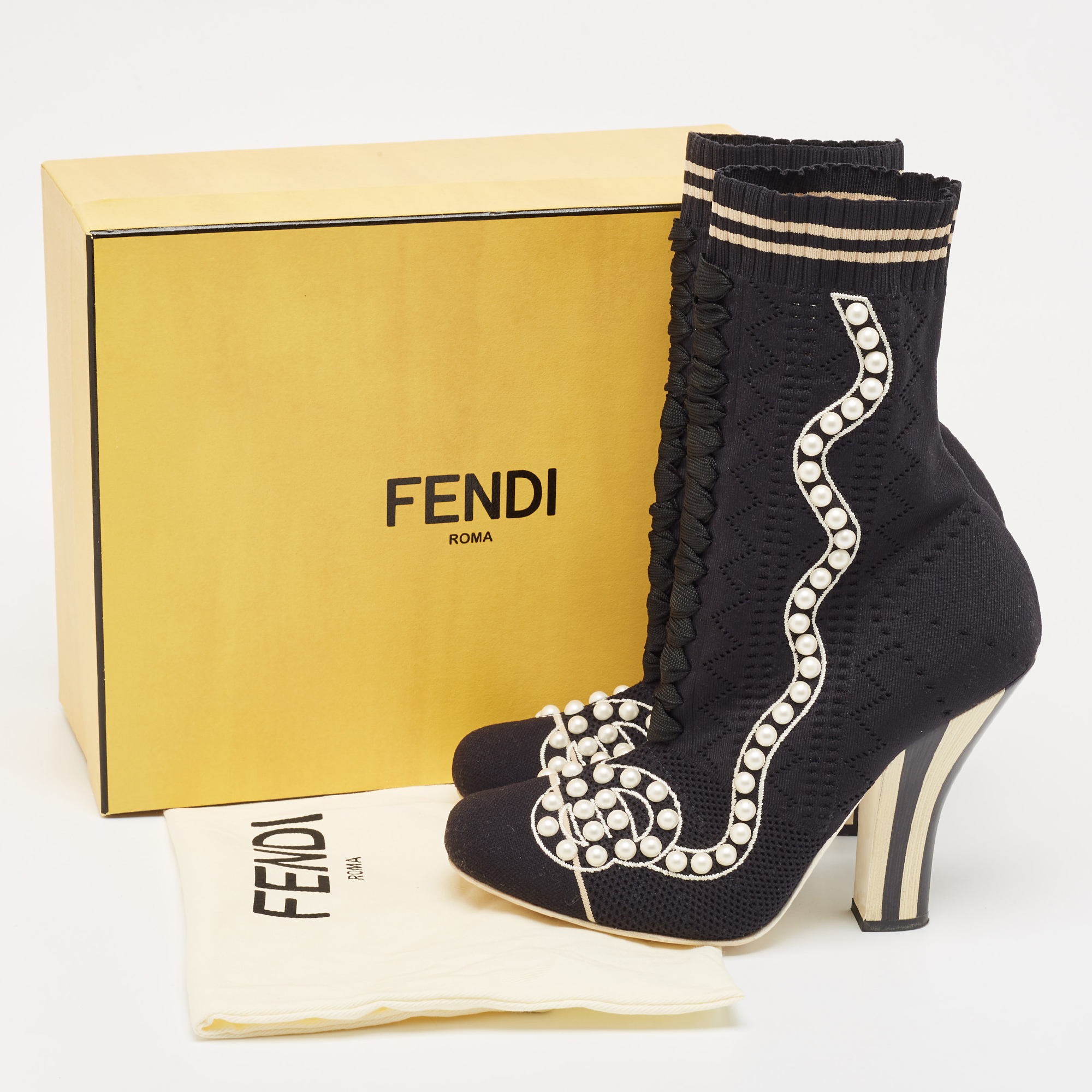 Fendi Black Knit Fabric Pearl Embellished Sock Ankle Boots Size 39