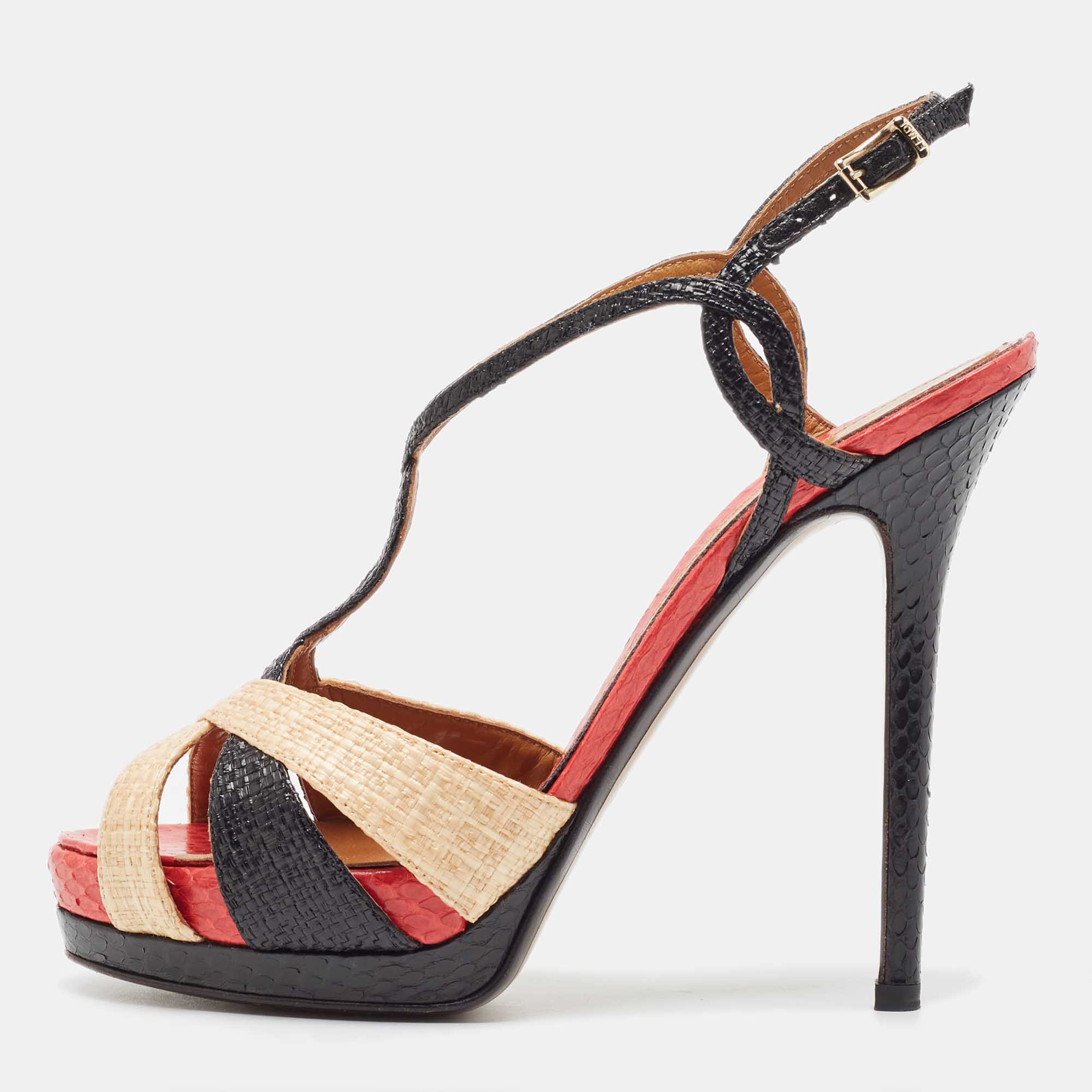 Fendi tri color raffia and snakeskin strappy slingback platform sandals size 38